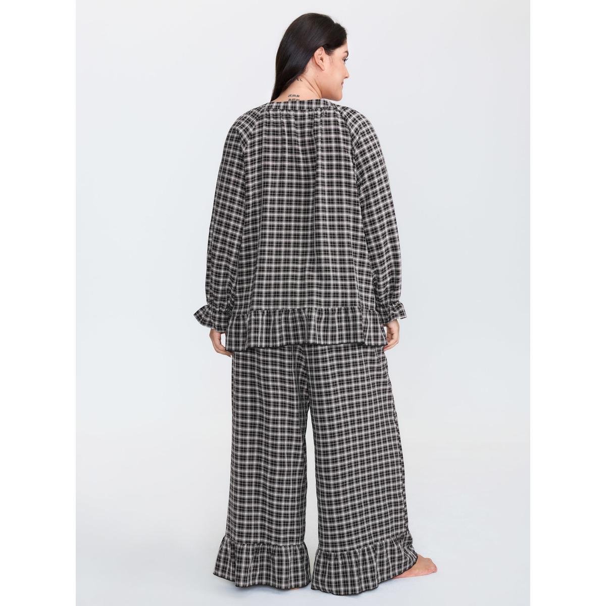 Plus Size Gingham Ruffled Hem Loungewear Set Women BlackFlower Button Extra Long Sleeve Round Neck Leisure Loungewear Sets BloomChic 22-24/3X Product Image