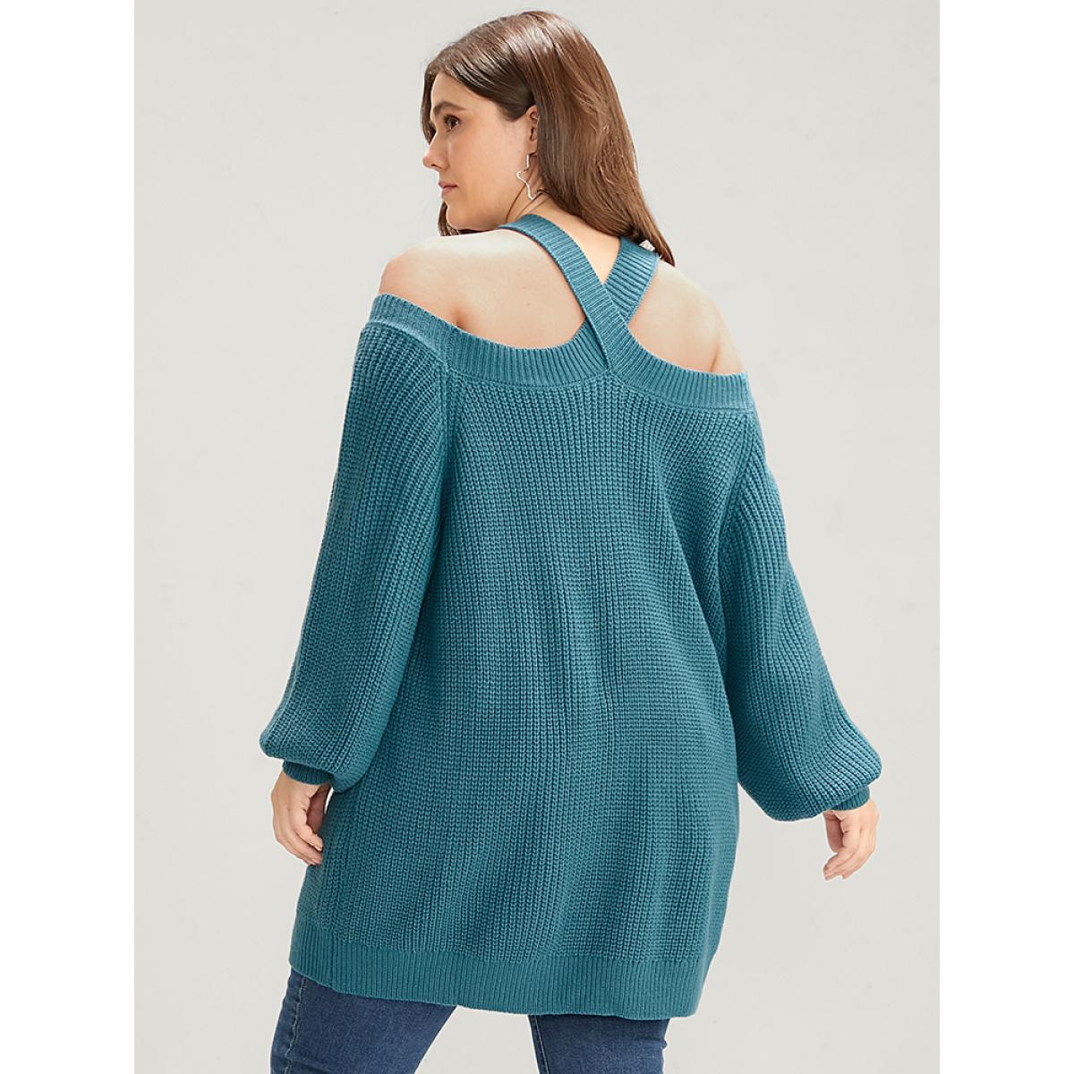 Plus Size Solid Pointelle Knit Lantern Sleeve Cold Shoulder Knit Top Aegean Women Casual Loose Long Sleeve Cold Shoulder Everyday Pullovers BloomChic 28/5X Product Image