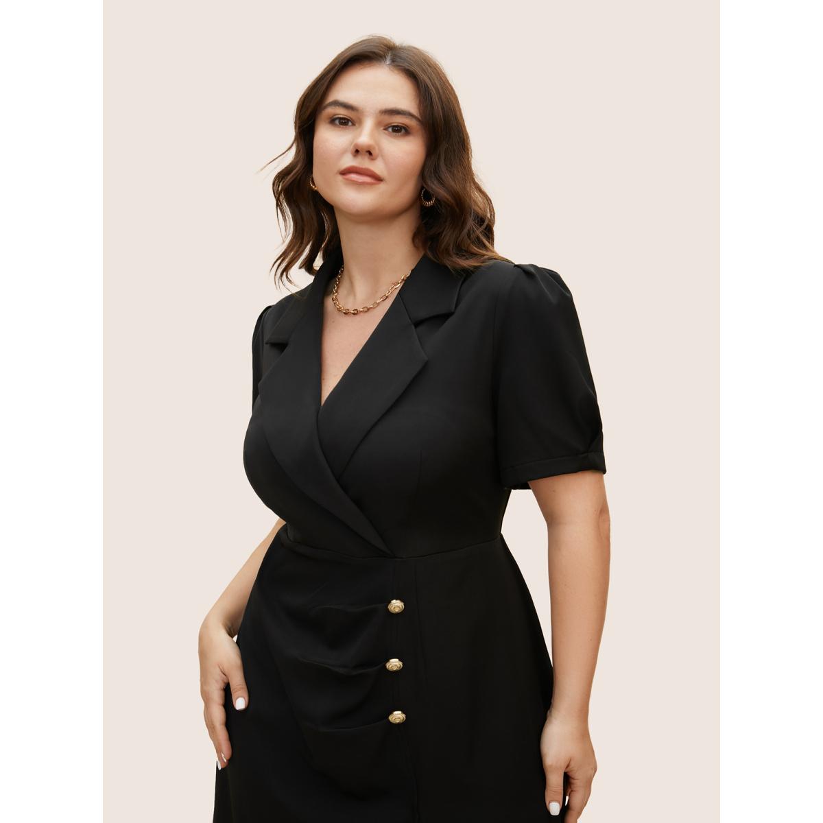 Plus Size Suit Collar Metal Detail Lantern Sleeve Dress Black Women Workwear Essentials Button Suit Collar Sleeveless Curvy BloomChic 30/6X Product Image