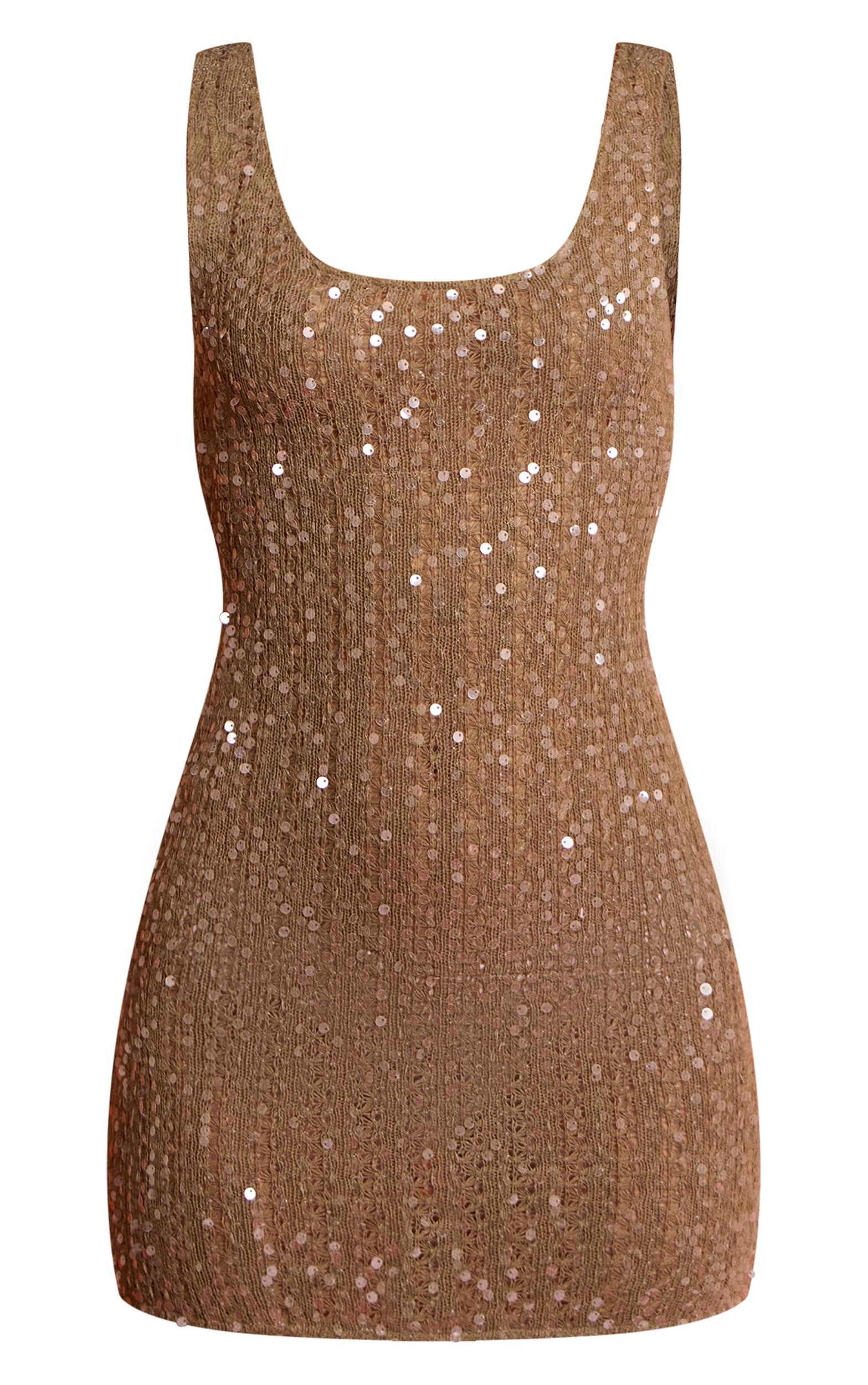 Khaki Sequin Scoop Neck Mini Dress Product Image