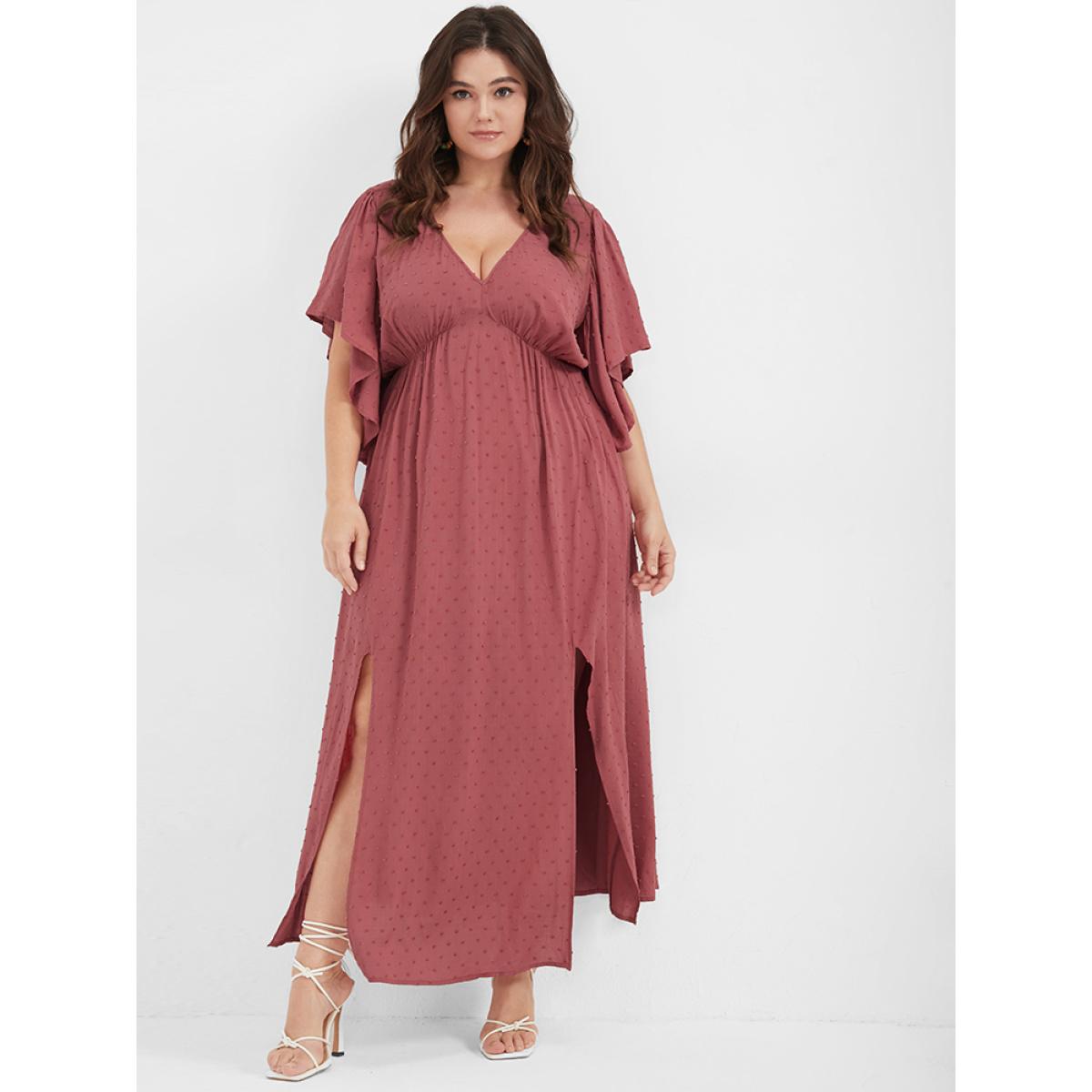 Plus Size Solid V Neck Ruffles Split Embroidered Maxi Dress DustyPink Women Elegant Elastic Waist V-neck Short sleeve Curvy Long Dress BloomChic 18-20/2X Product Image