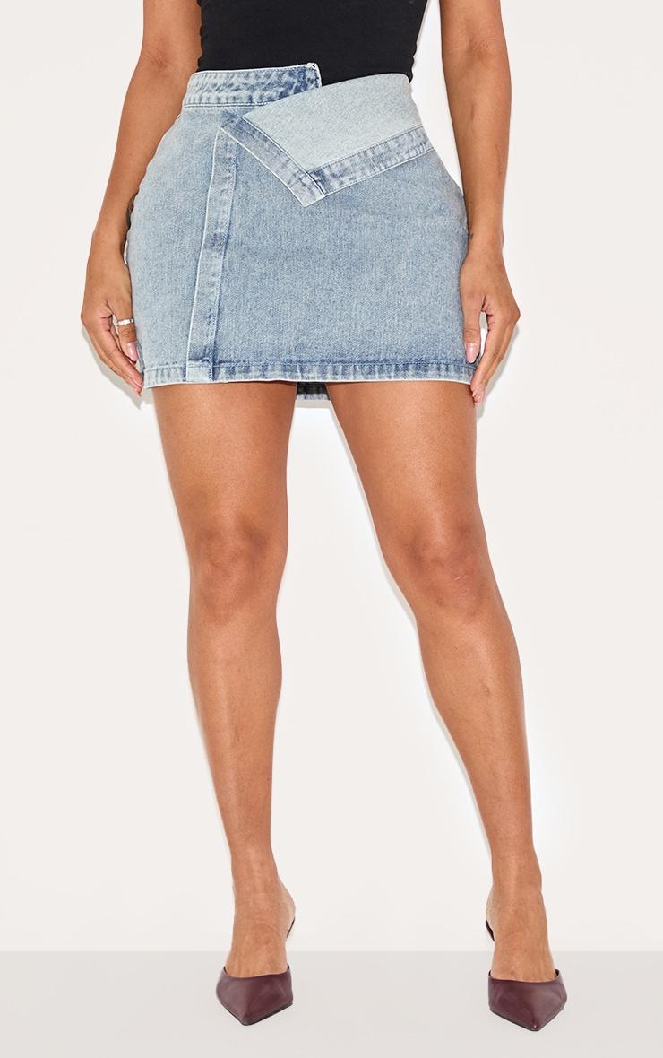 Shape Washed Blue Denim Foldover Waist Mini Skirt Product Image