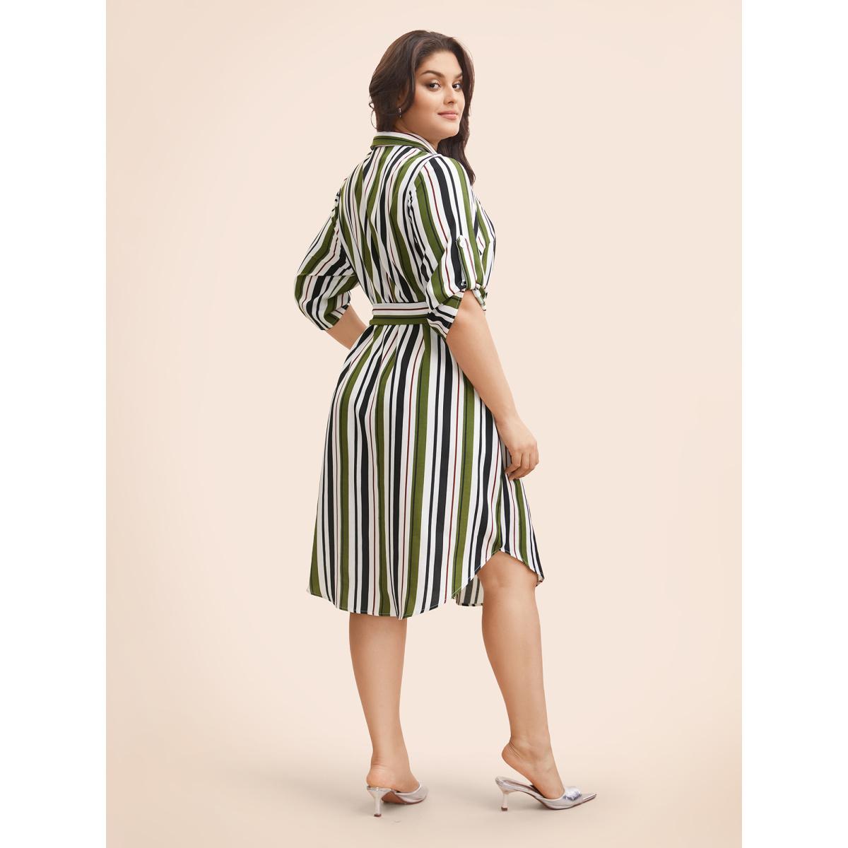 Plus Size Striped Tab Sleeve Arc Hem Dress Multicolor Women Workwear Essentials Belted Shirt collar Elbow-length sleeve Curvy BloomChic 26/4X Product Image