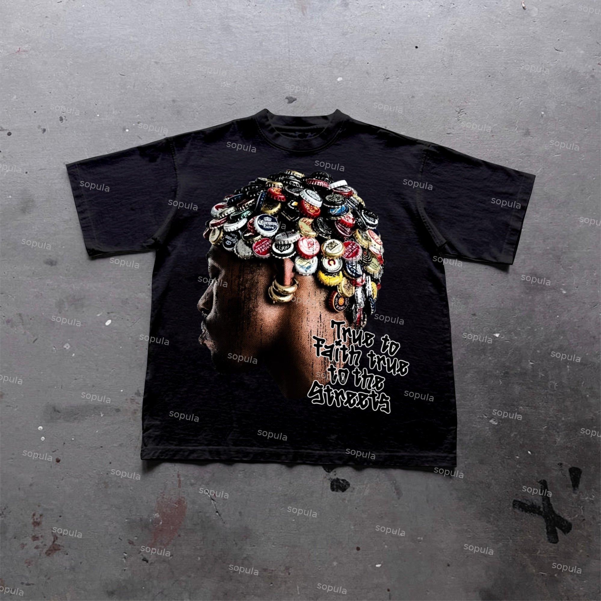 Street Fashion Retro Men's Head Graphic Cotton T-Shirt Product Image