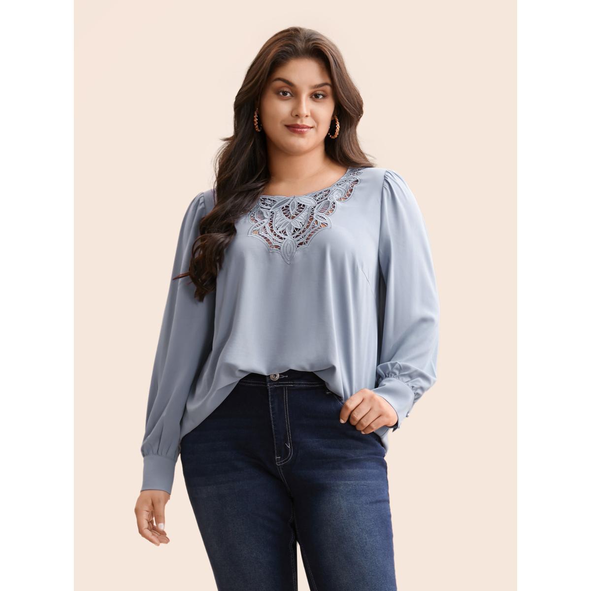 Plus Size Stone Plain Broderie Anglaise Gathered Blouse Women Elegant Long Sleeve Asymmetrical Neck Everyday Blouses BloomChic 26/4X Product Image
