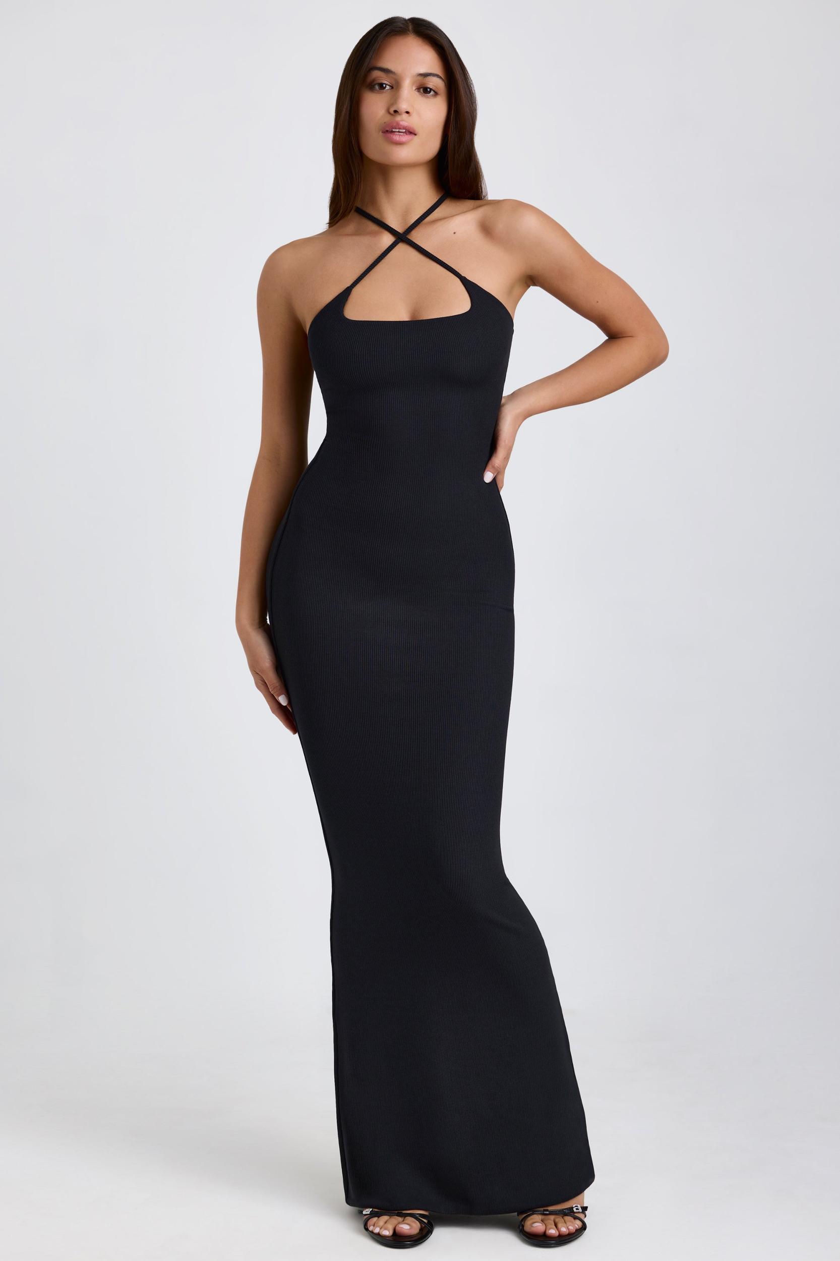 Ribbed Modal Halterneck Maxi Dress in Black Product Image