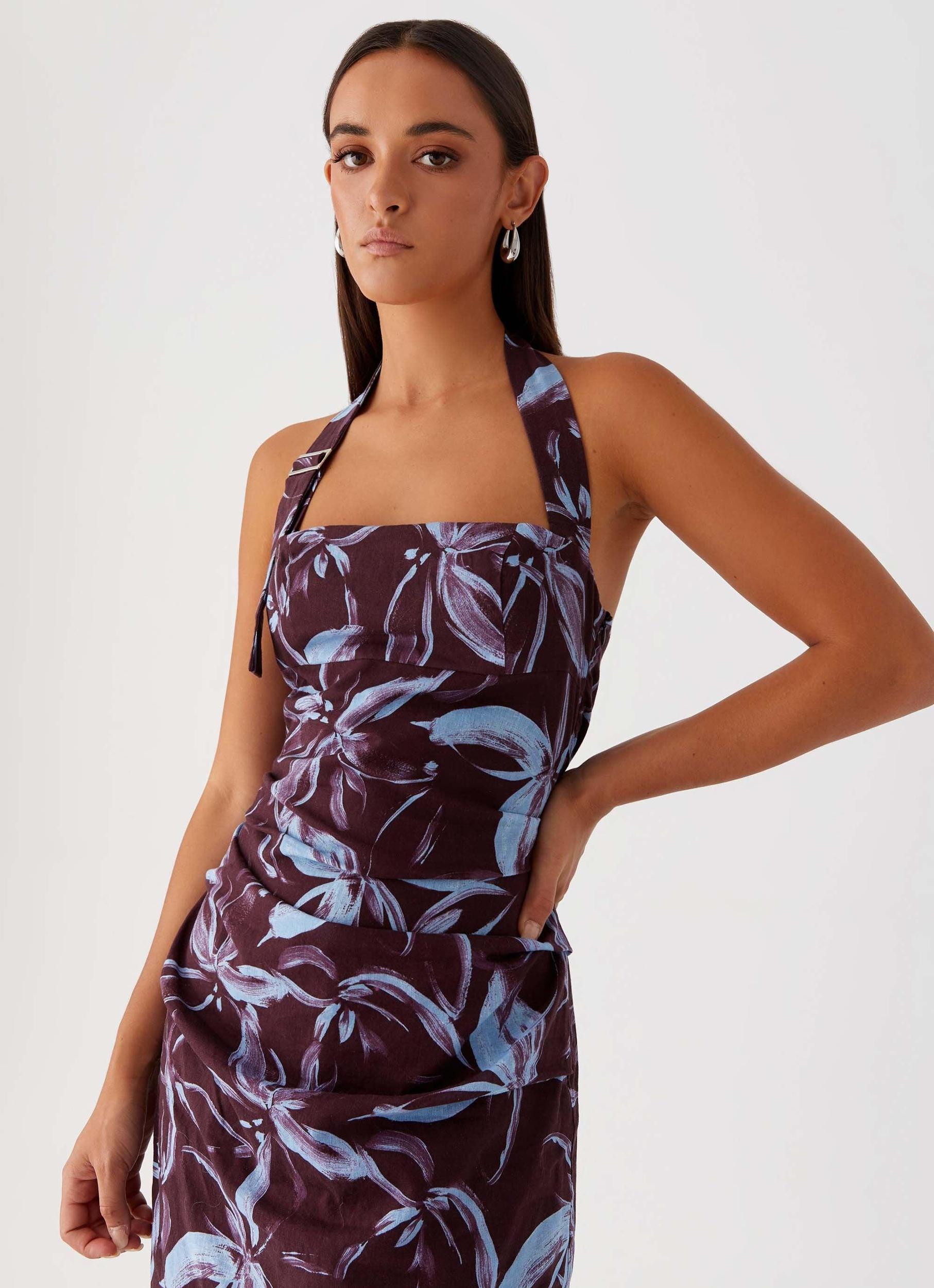 Fauna Halter Maxi Dress - Brown Purple Floral Product Image