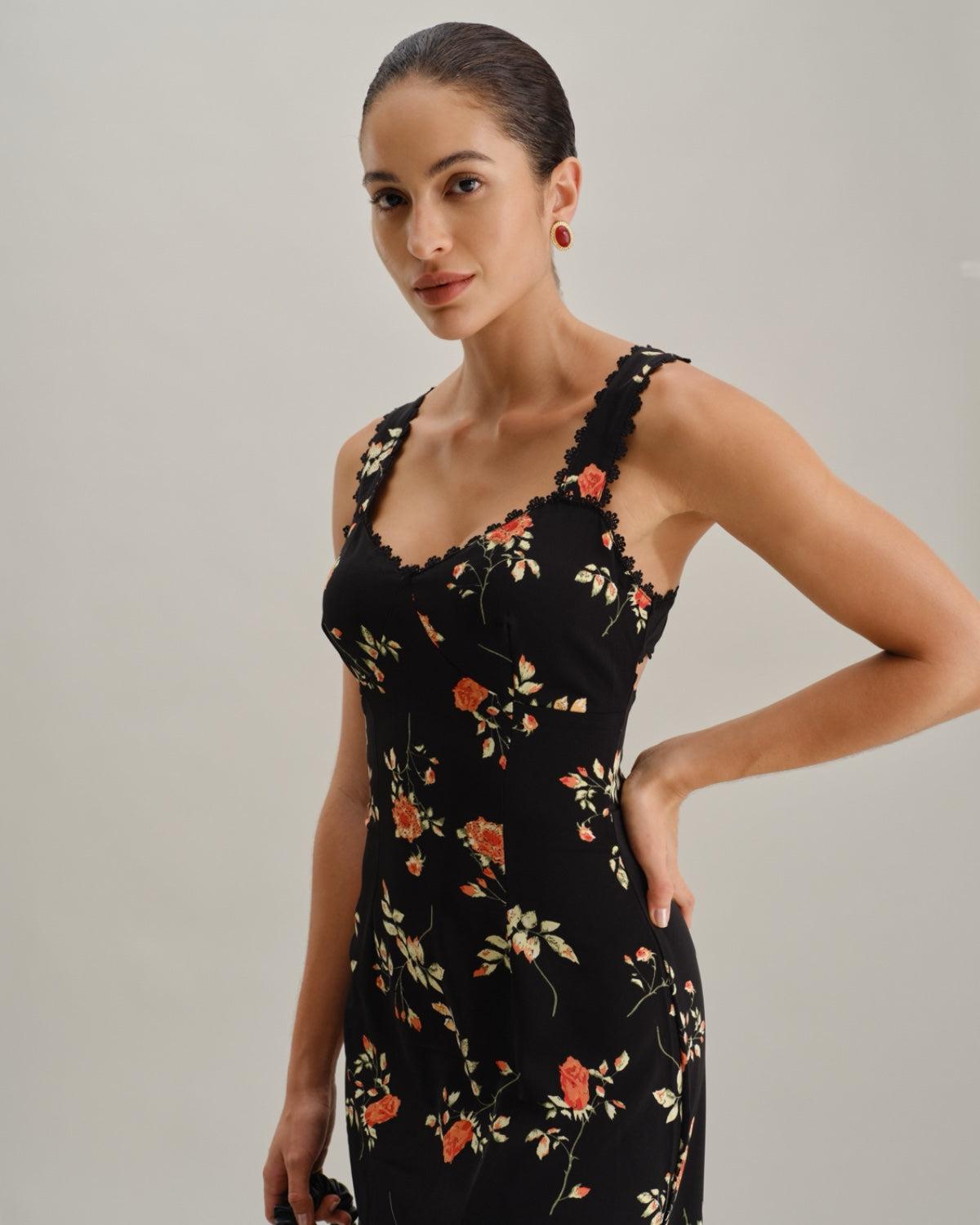 Black Floral Shirred Slip Maxi Dress Product Image