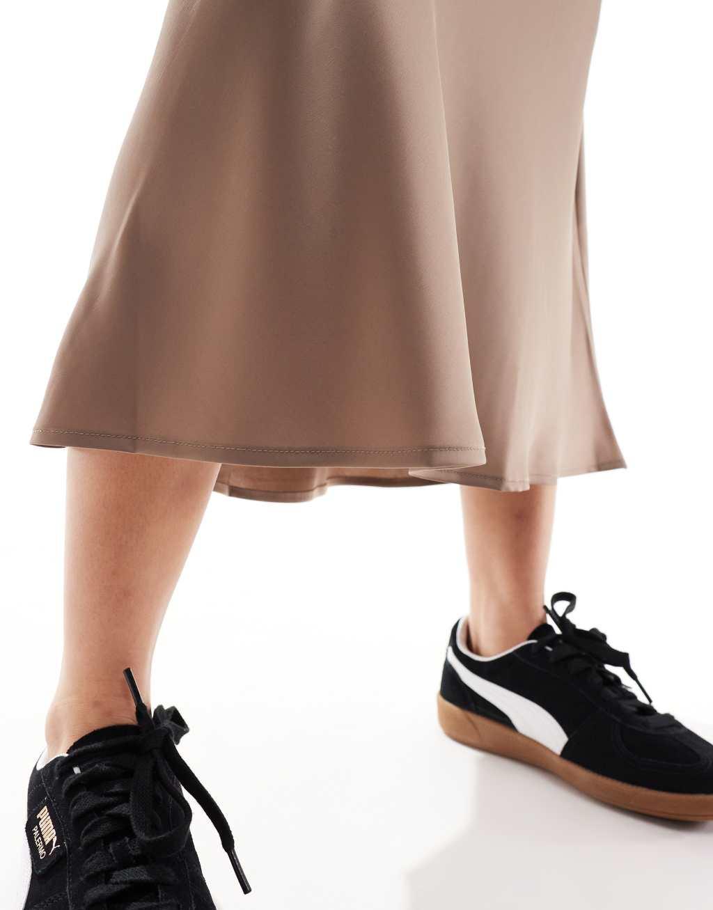 YAS satin midi skirt in mushroom Product Image