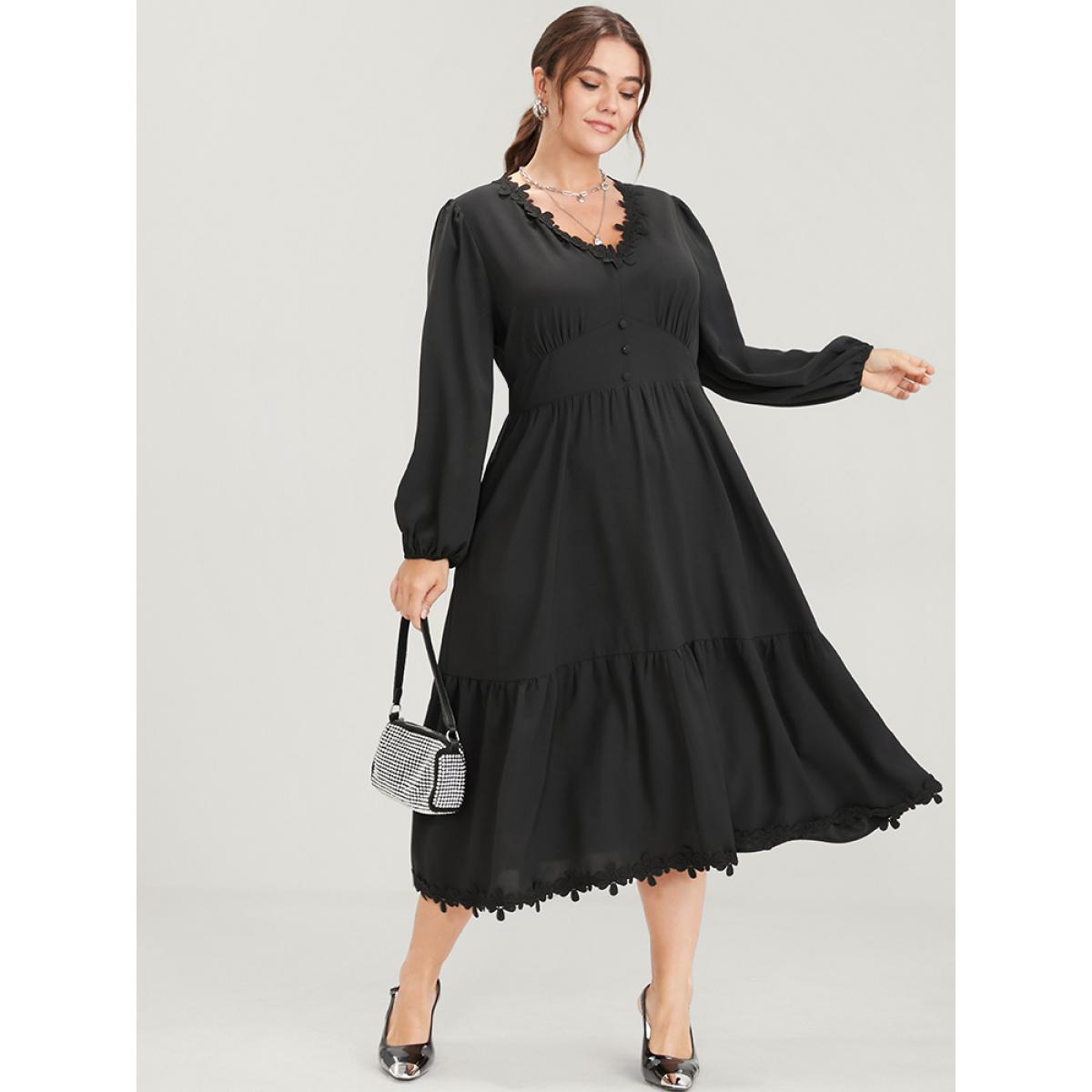 Plus Size Solid Lace Patch Lantern Sleeve Pocket Button Ruffle Hem Dress Black Women Elegant Patchwork V-neck Long Sleeve Curvy Midi Dress BloomChic 12/L Product Image