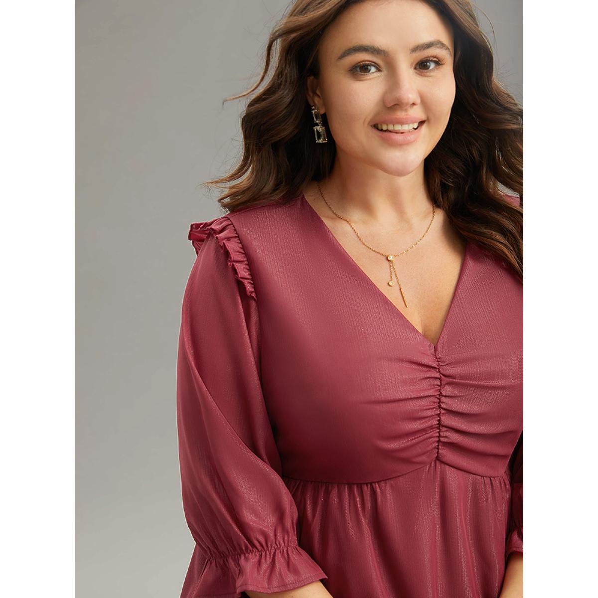 Plus Size Scarlet Solid Frill Trim Ruched Elastic Waist Blouse Women Glamour Elbow-length sleeve V-neck Festival-Christmas Blouses BloomChic 10/M Product Image