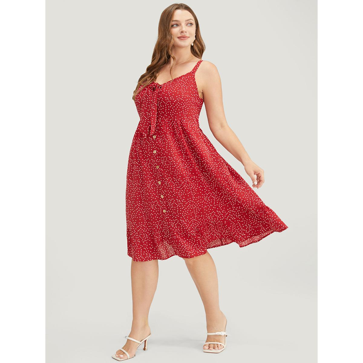Plus Size Polka Dot Button Detail Knotted Pocket Cami Dress Crimson Women Elegant Adjustable Straps Spaghetti Strap Sleeveless Curvy Knee Dress BloomChic 14-16/1X Product Image
