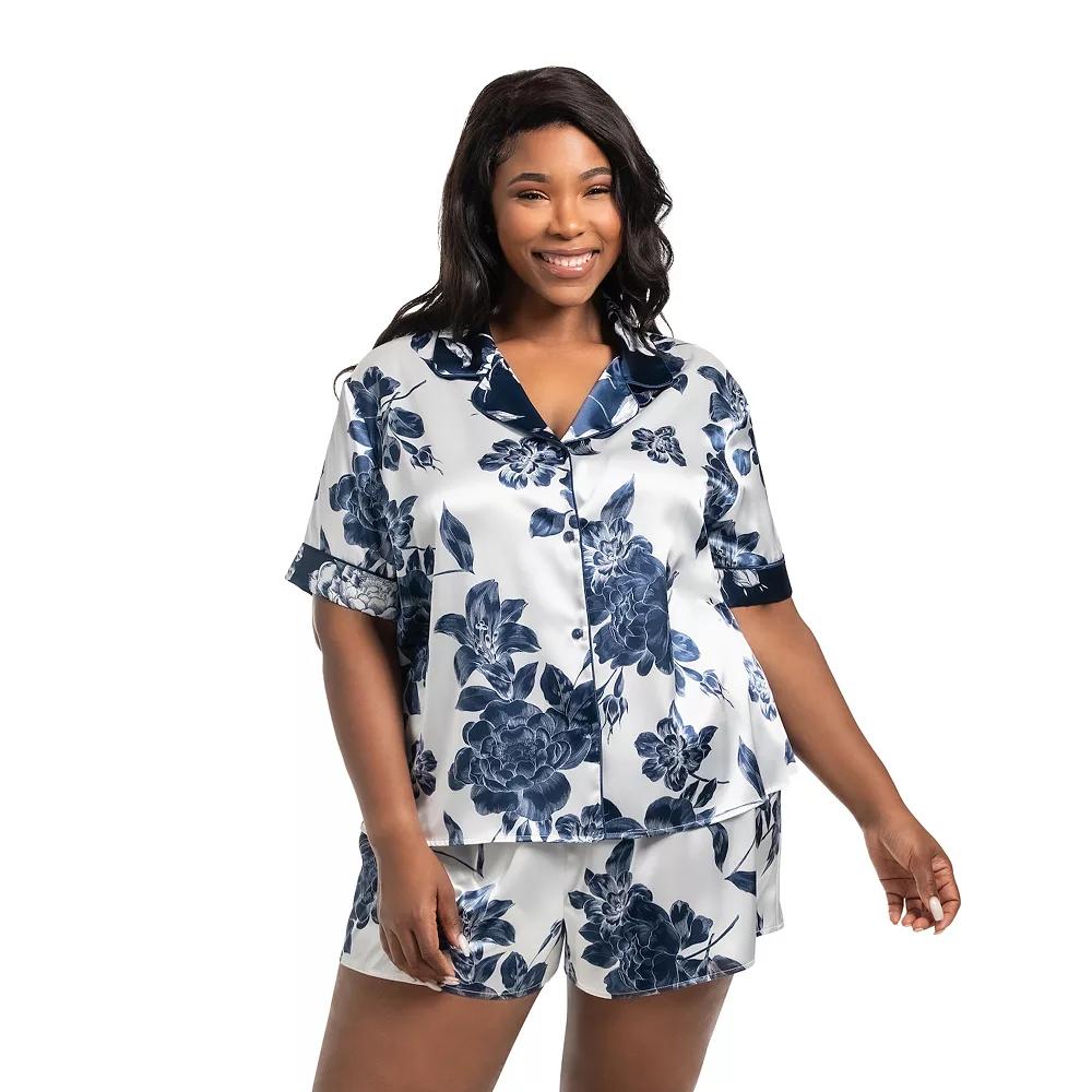 Plus Size Lilac+London 2-pc. Solid Satin Short Sleeve Pajama Top & Pajama Shorts Set, Women's, Size: 1XL, White Navy Product Image