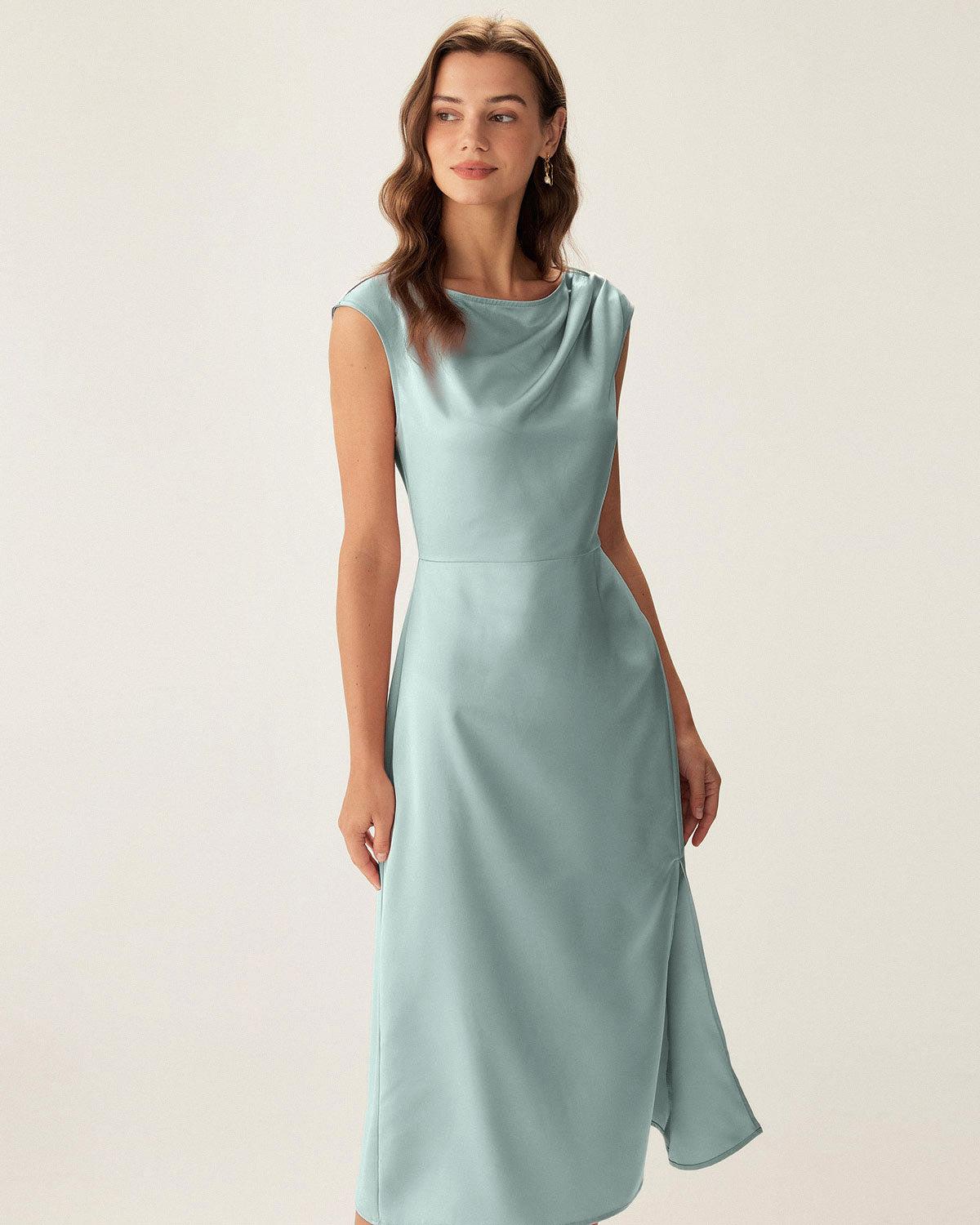 Blue Satin Boat Neck Slit Sleeveless Midi Dress Product Image
