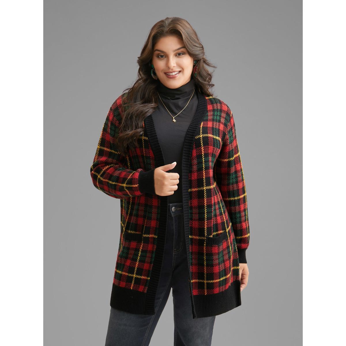 Plus Size Holiday Plaid V-neck Open Cardigan Black Women Casual Loose Long Sleeve Everyday Cardigans BloomChic 18-20/2X Product Image
