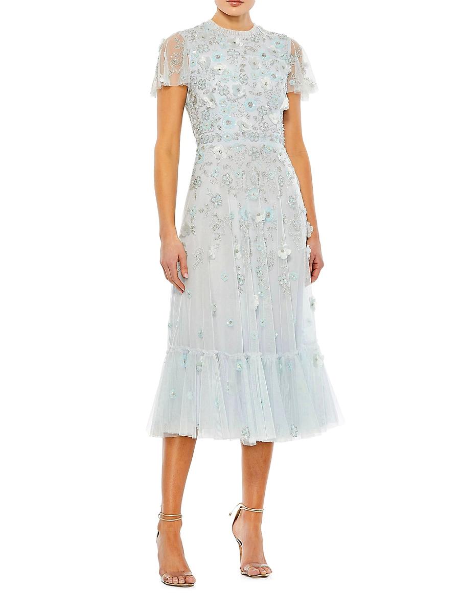 Womens Sequined Floral Tulle Midi-Dress Product Image