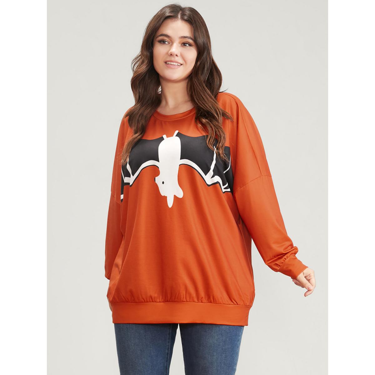 Plus Size Halloween Bat Print Round Neck Drop Shoulder Sweatshirt Women Orange Casual Printed Round Neck Festival-Halloween Sweatshirts BloomChic 30/6X Product Image