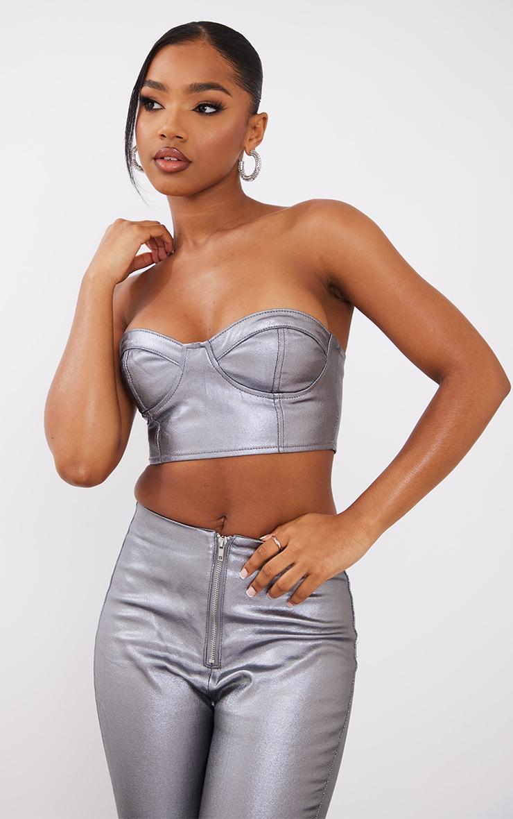Gunmetal Metallic Look Coated Denim Bandeau Top Product Image