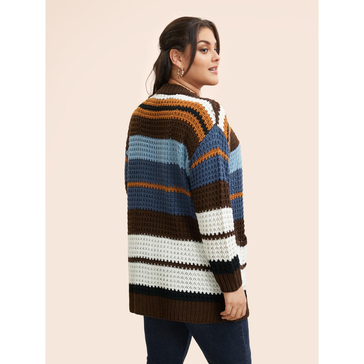 Plus Size Colorblock Contrast Patched Pocket Cardigan DarkBrown Women Casual Loose Long Sleeve Everyday Cardigans BloomChic 26/4X Product Image