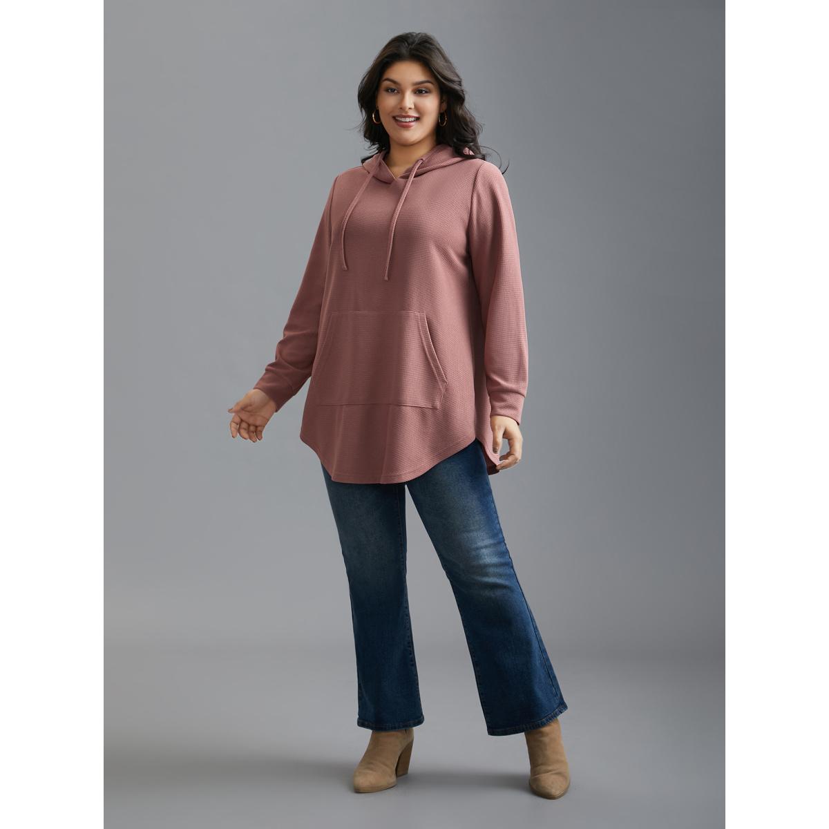 Plus Size Waffle Knit Hooded Drawstring Sweatshirt Women DustyPink Casual Texture Loose Hooded Everyday Sweatshirts BloomChic 10/M Product Image