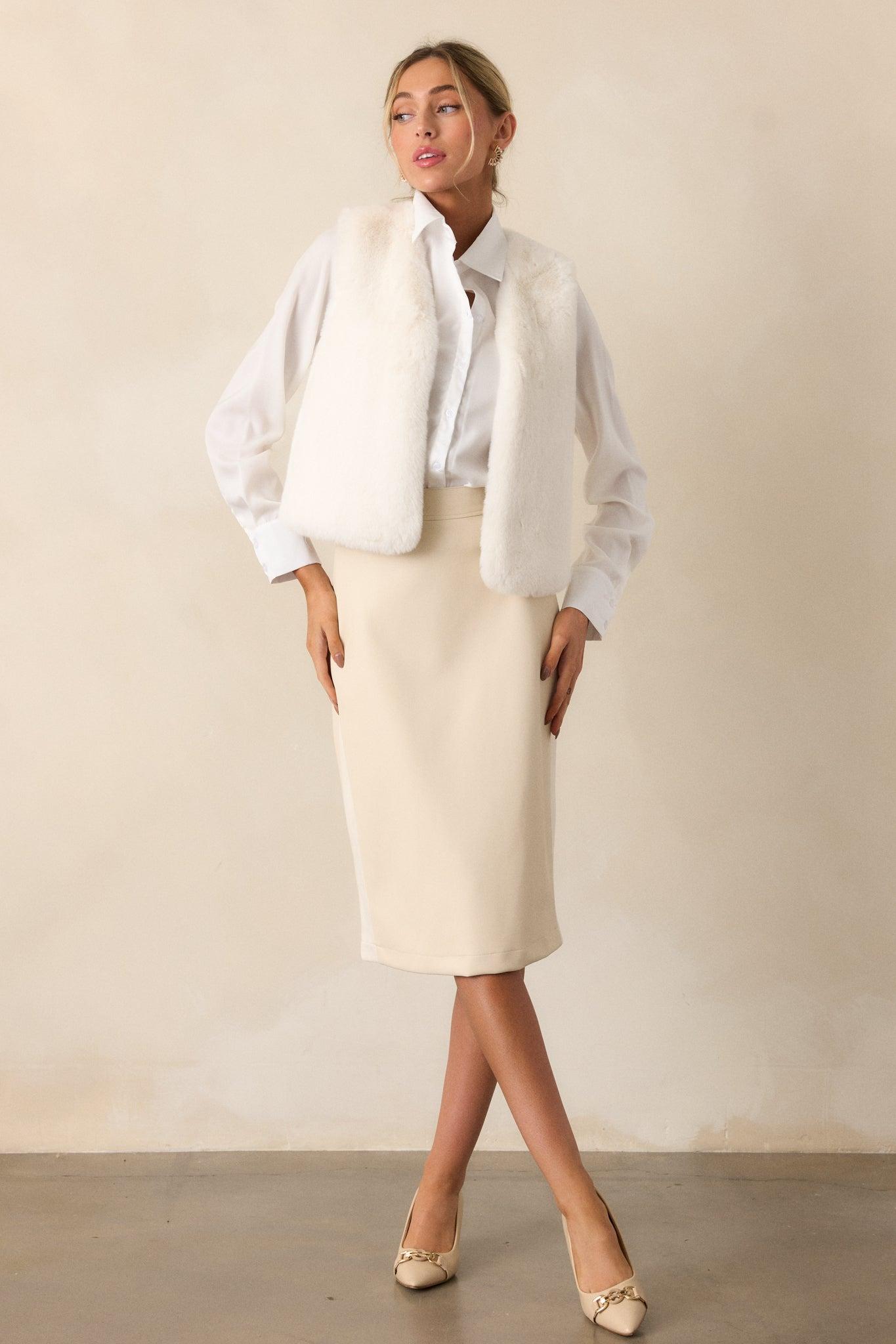 Through The Fog Ivory Faux Leather Midi Skirt Product Image