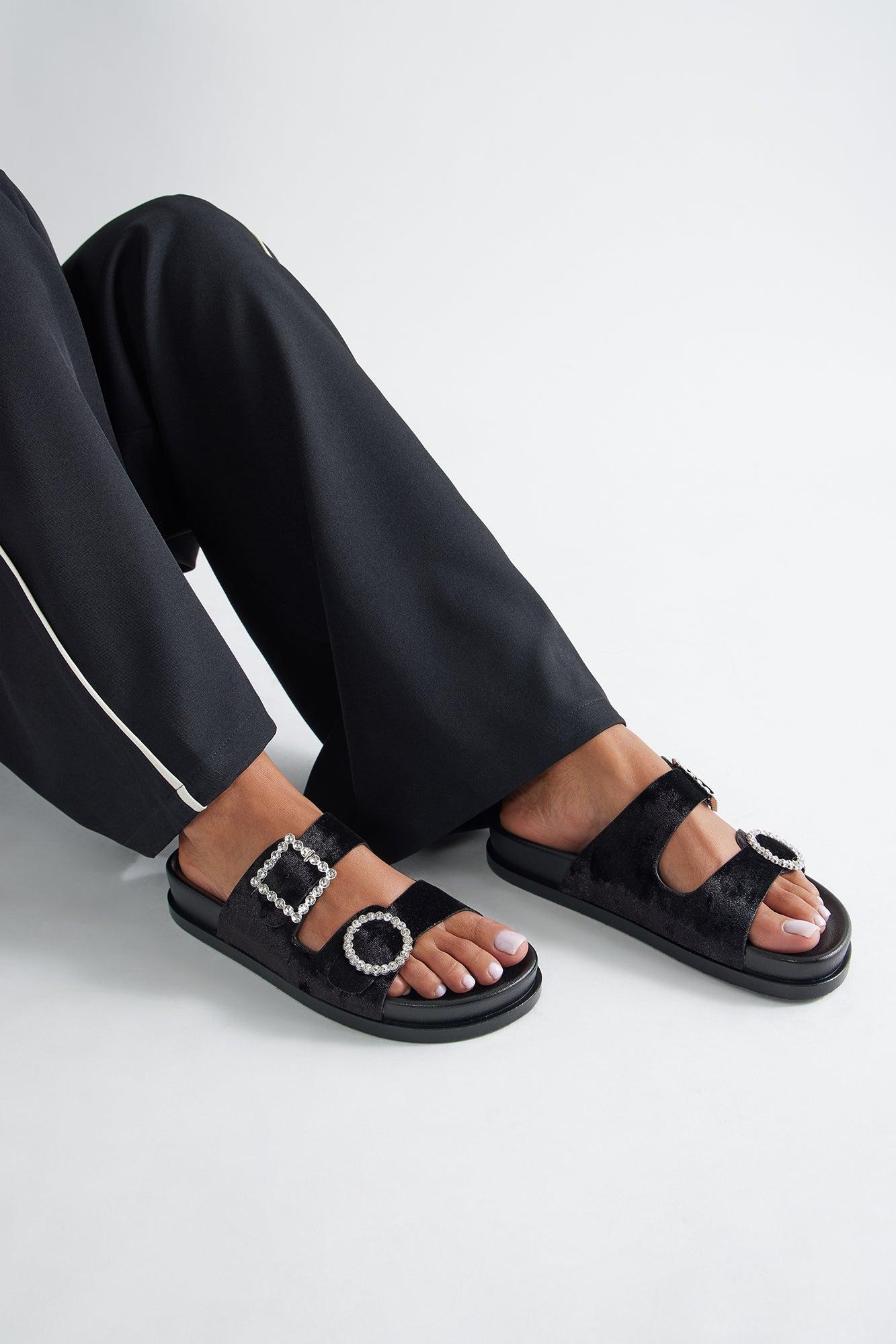 Ivona Rhinestone Buckle Velvet Sandals - Black Female Product Image