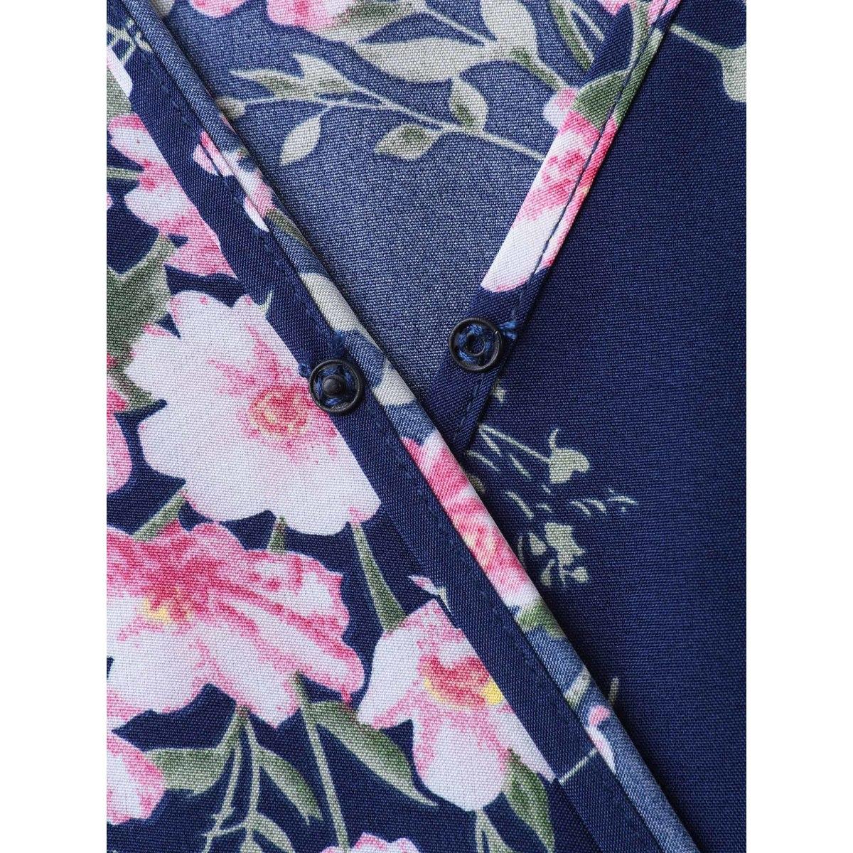 Plus Size Floral Print Belted Wrap Hem Midi Dress Skyblue Women Overlap Collar Elbow-length sleeve Curvy BloomChic 12/L Product Image