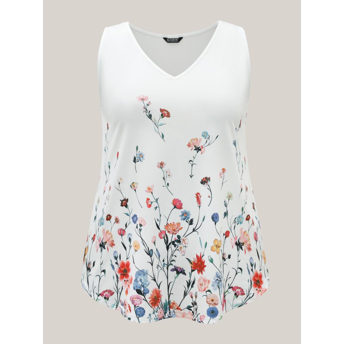 Plus Size Blooming Flowers Print Stretchy Vest Women WhiteSmoke Timeless Non V-neck Elegant Tank Tops Camis BloomChic 18-20/2X Product Image
