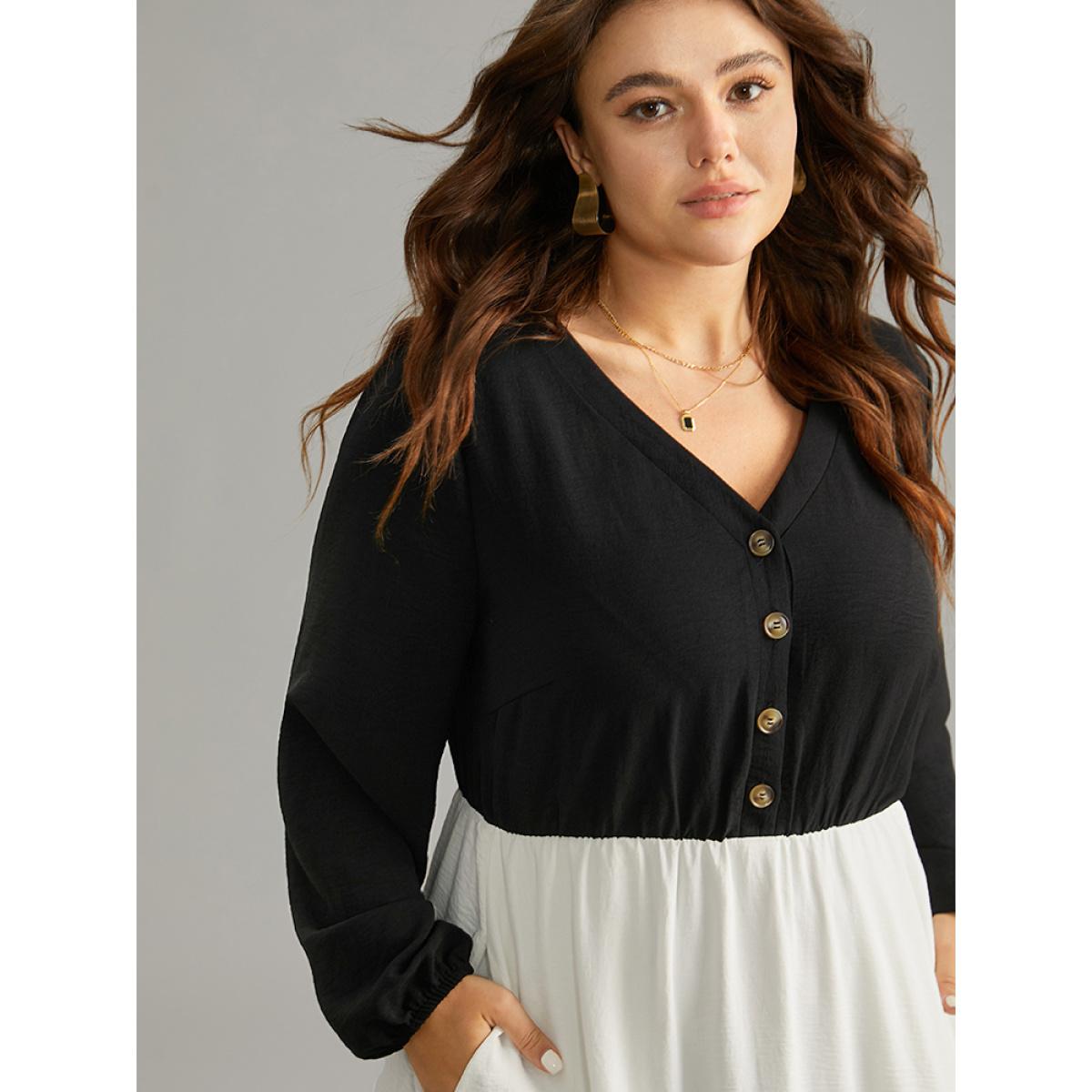 Plus Size Colorblock Patchwork Lantern Sleeve Button Detail Dress Black Women Elegant Elastic cuffs V-neck Long Sleeve Curvy Midi Dress BloomChic 14-16/1X Product Image