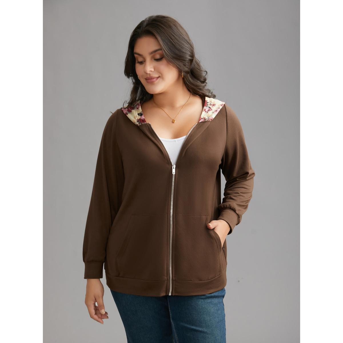 Plus Size Floral Zipper Patch Pocket Hooded Sweatshirt Women Browncoffeecolor Casual Contrast Loose Hooded Everyday Sweatshirts BloomChic 14-16/1X Product Image