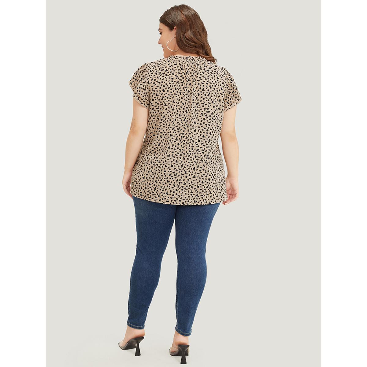 Plus Size Champagne Allover Print Mock Neck Ruffle Layered Sleeve Blouse Women Elegant Cap Sleeve Mock Neck Dailywear Blouses BloomChic 14-16/1X Product Image