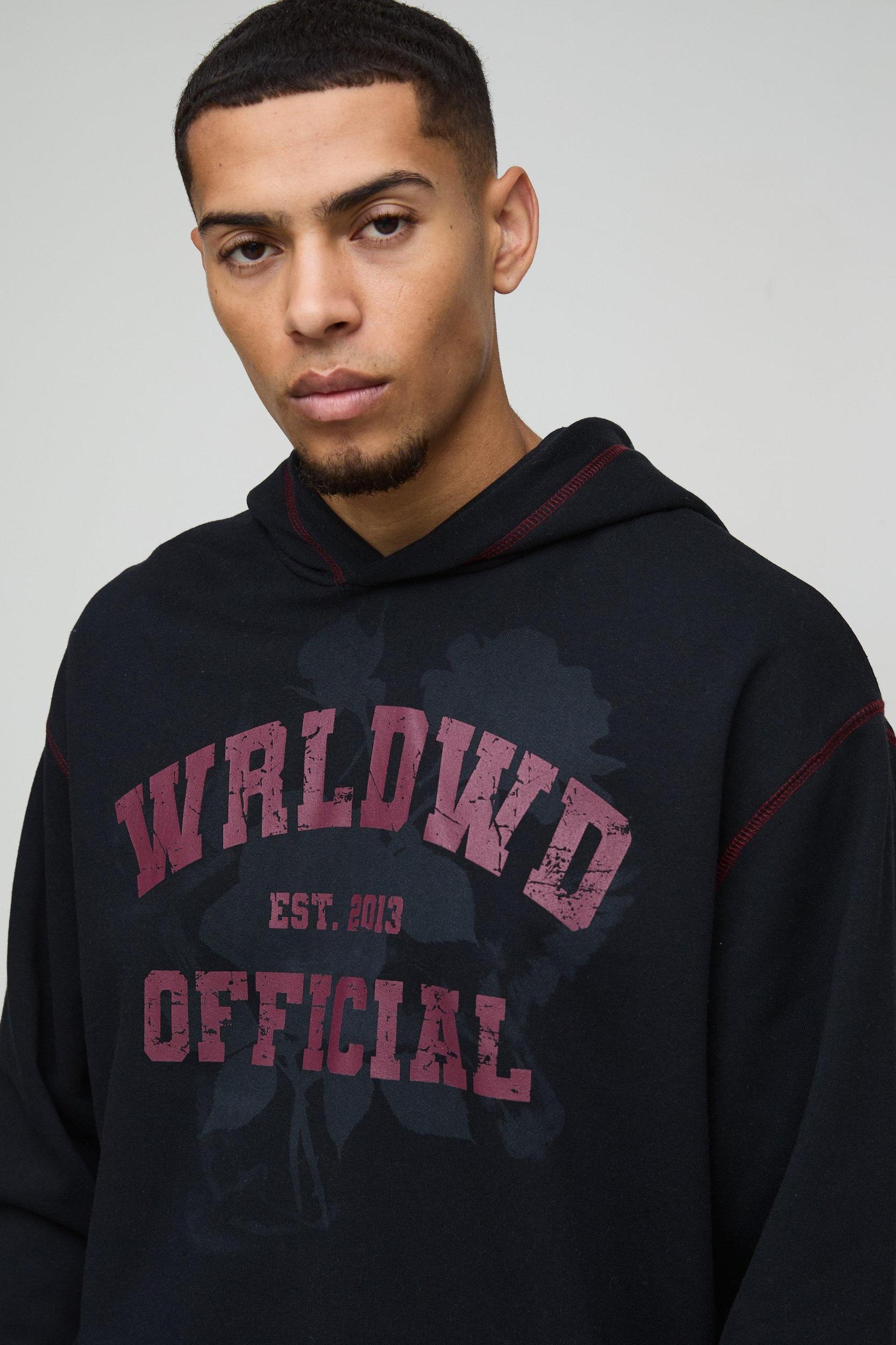 Oversized Boxy Varsity Worldwide Printed Raw Hem Hoodie | boohooMAN USA Product Image