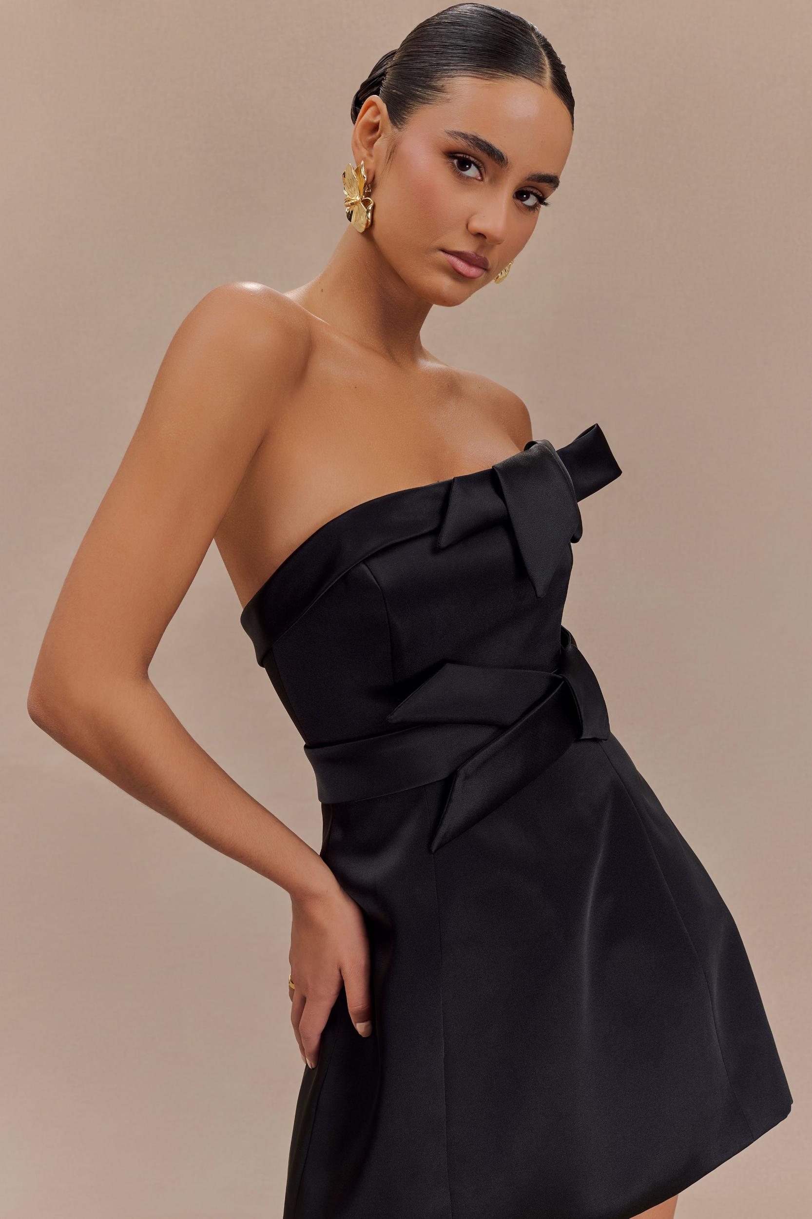 Tatiana Satin Strapless Bow Mini Dress - Black Product Image