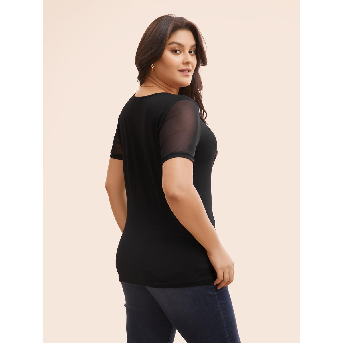 Plus Size V Neck Mesh Patchwork Ruched T-shirt Black Women Elegant Gathered Heart neckline Skinny Everyday T-shirts BloomChic 14-16/1X Product Image