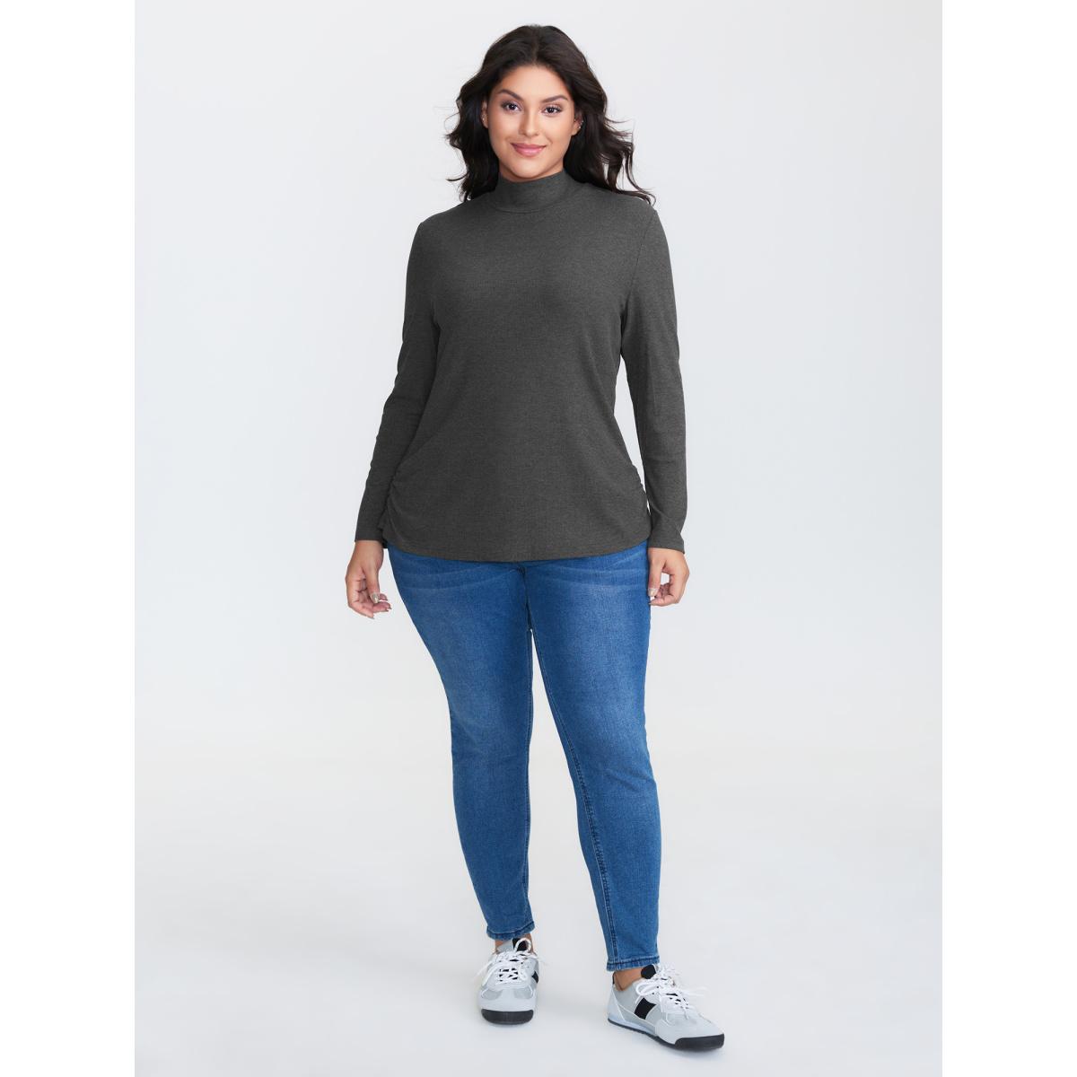 Plus Size Supersoft Turtleneck Ribbed T-Shirt DimGray Women Leisure Texture Turtleneck Bodycon Casual T-shirts BloomChic 12/L Product Image