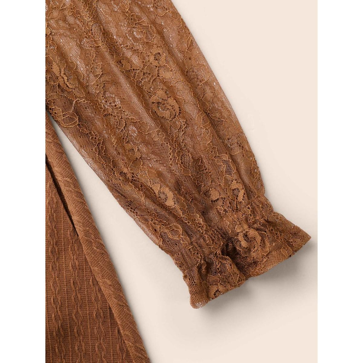 Plus Size Textured Mesh Patchwork Ruffles Dress Yellowishbrown Women Timeless Woven ribbon&lace trim Round Neck Extra Long Sleeve Curvy BloomChic 12/L Product Image