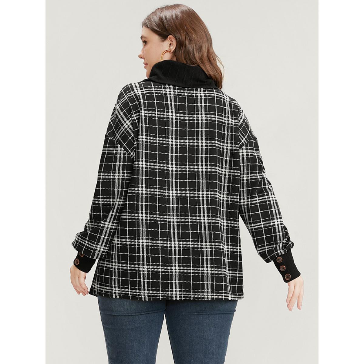 Plus Size Plaid Patchwork Button Detail Funnel Neck Sweatshirt Women Black Elegant Contrast Turtleneck Dailywear Sweatshirts BloomChic 10/M Product Image
