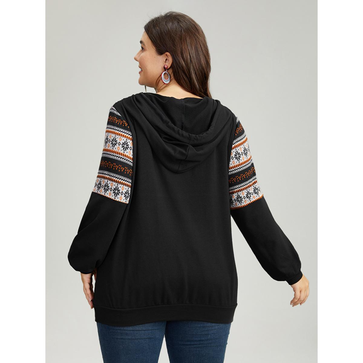 Plus Size Patchwork Contrast Pocket Hooded Drawstring Sweatshirt Women Black Casual Contrast Hooded Festival-Christmas Sweatshirts BloomChic 10/M Product Image