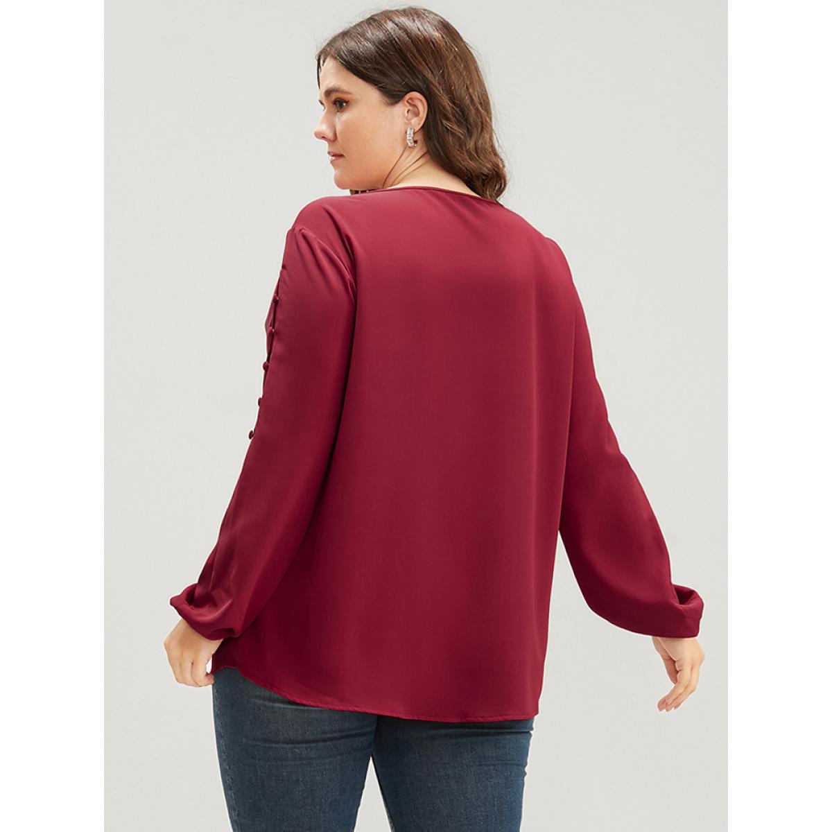 Plus Size Scarlet Solid Round Neck Button Detail Blouse Women Elegant Long Sleeve Round Neck Dailywear Blouses BloomChic 12/L Product Image