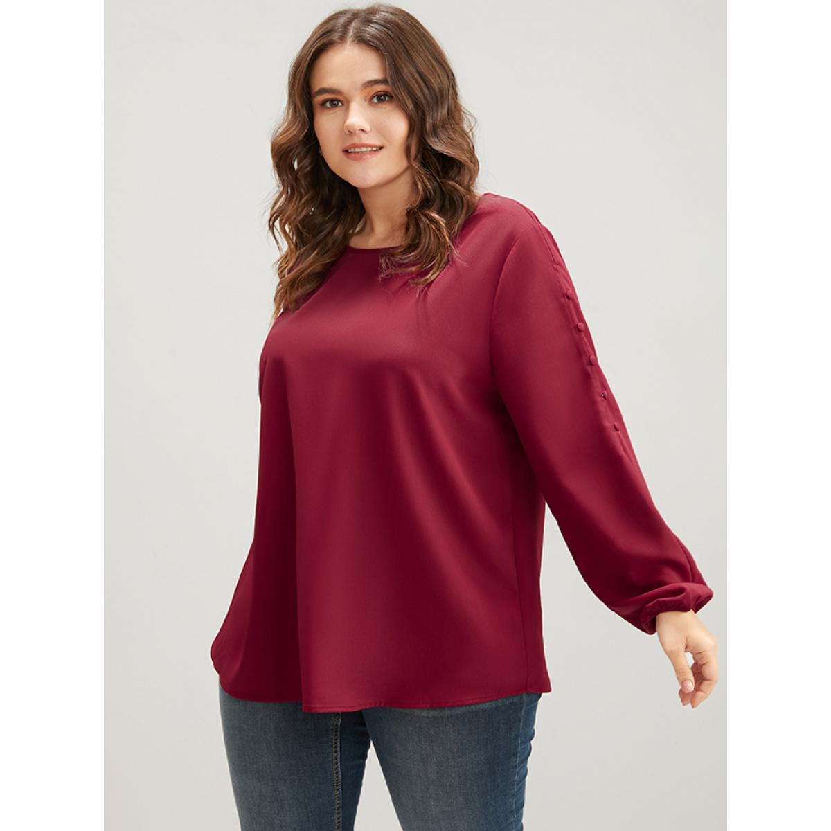 Plus Size Scarlet Solid Round Neck Button Detail Blouse Women Elegant Long Sleeve Round Neck Dailywear Blouses BloomChic 12/L Product Image