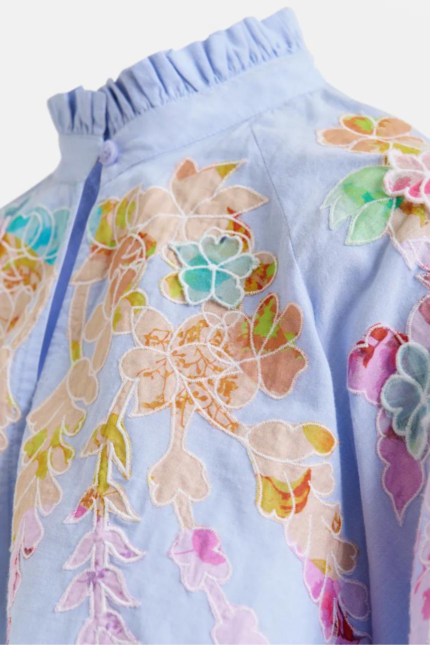 Light blue cotton top with floral embroidery and mandarin collar Product Image