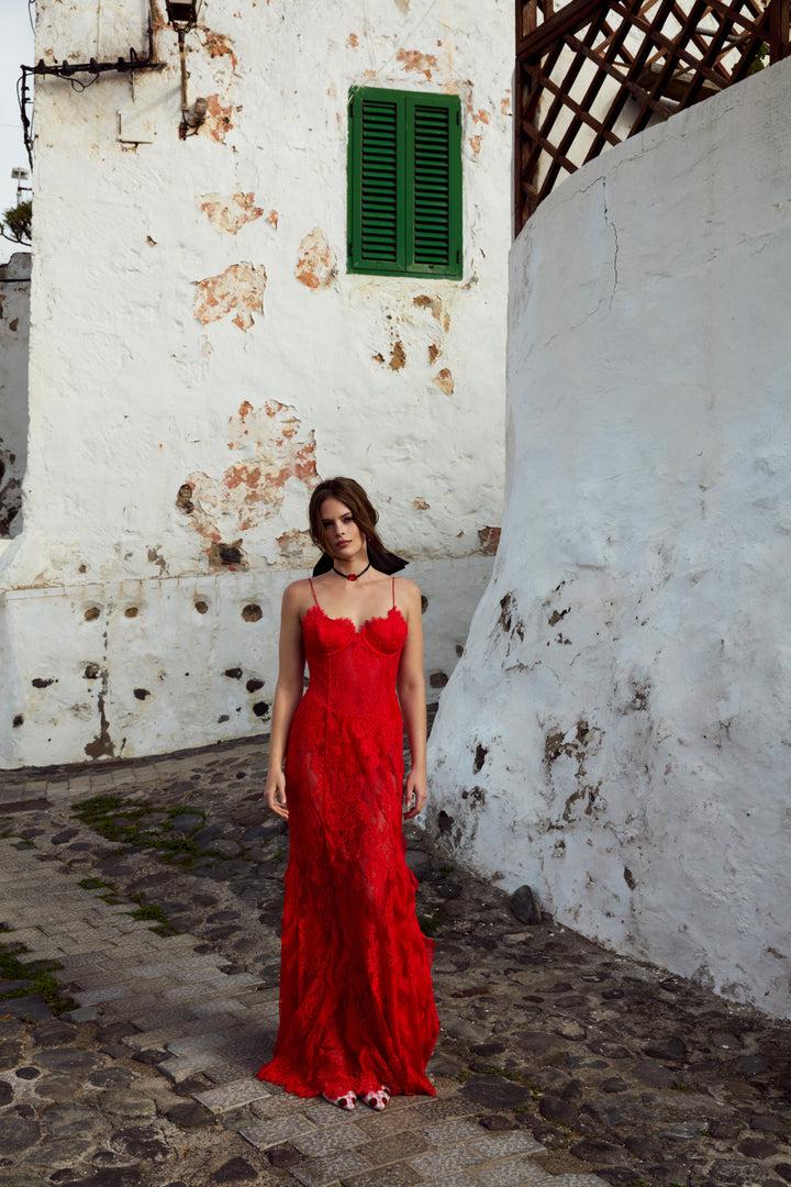 Shirley Lace Maxi Dress — Red Product Image