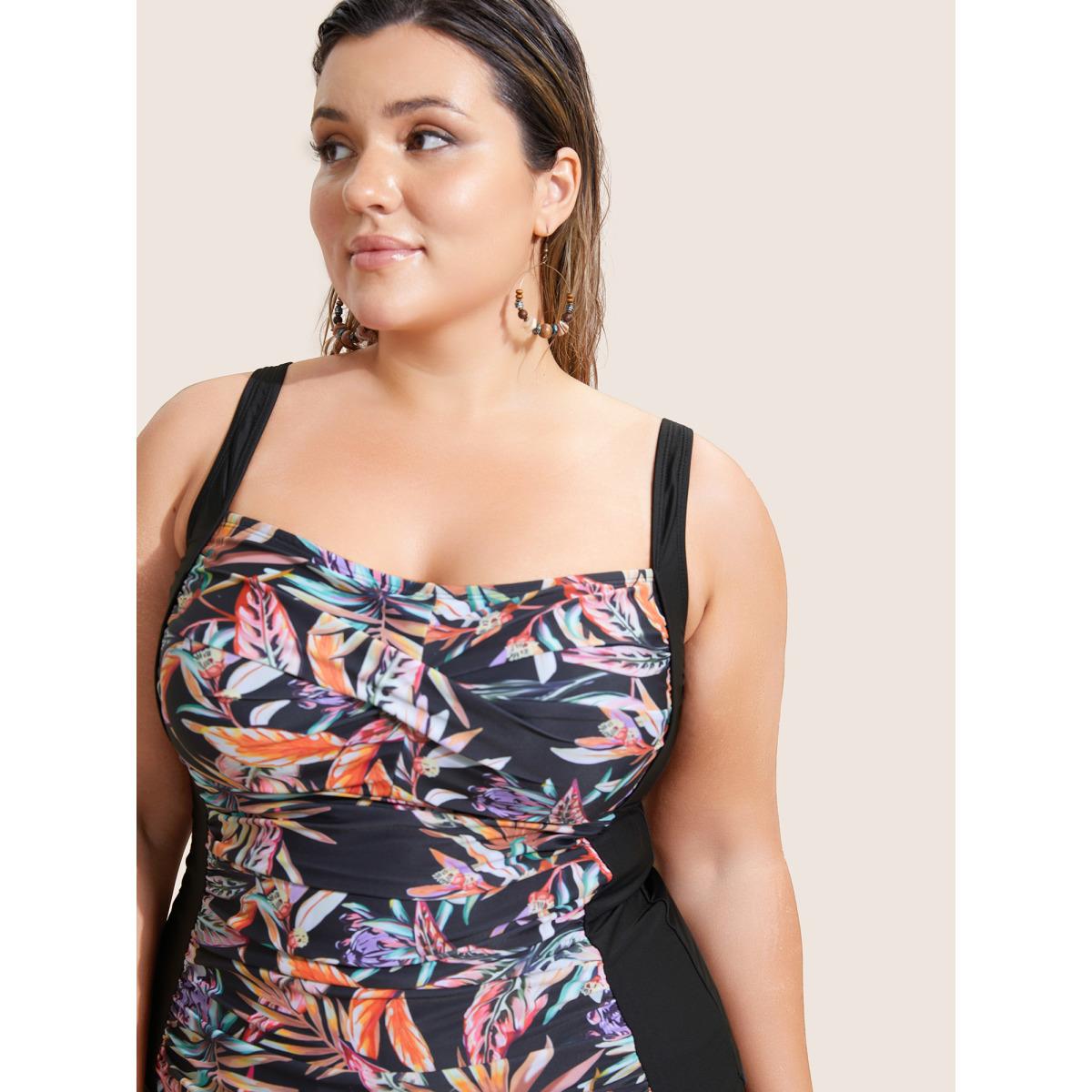 Plus Size Tropical Print Patchwork Crossover Gathered Swim Top Women's Swimwear Multicolor Beach Twist High stretch Skinny Square Neck Curve Swim Tops BloomChic 10/M Product Image