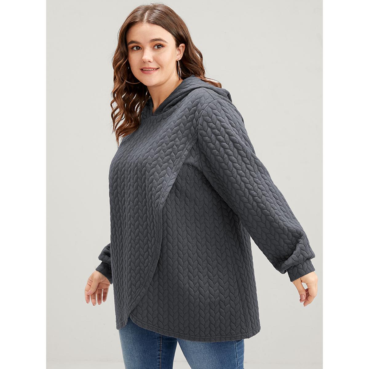 Plus Size Solid Asymmetrical Hem Cable Knit Hooded Sweatshirt Women DimGray Lounge Asymmetrical Hooded Everyday Sweatshirts BloomChic 28/5X Product Image