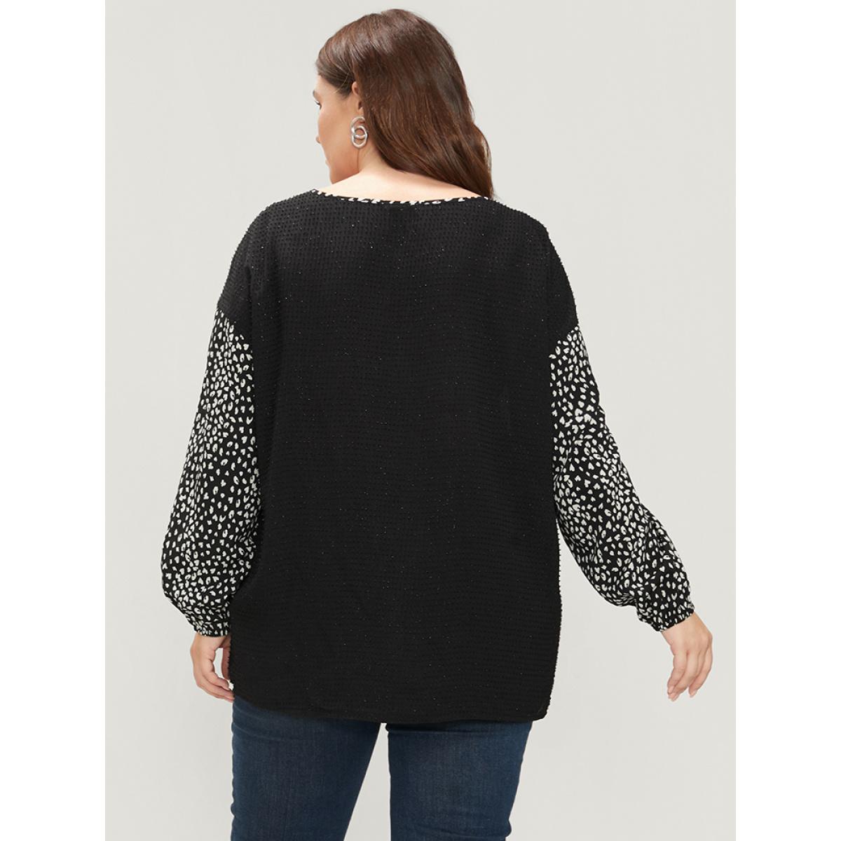Plus Size Black Leopard Patchwork Raglan Sleeve V Neck Blouse Women Elegant Long Sleeve V-neck Dailywear Blouses BloomChic 12/L Product Image