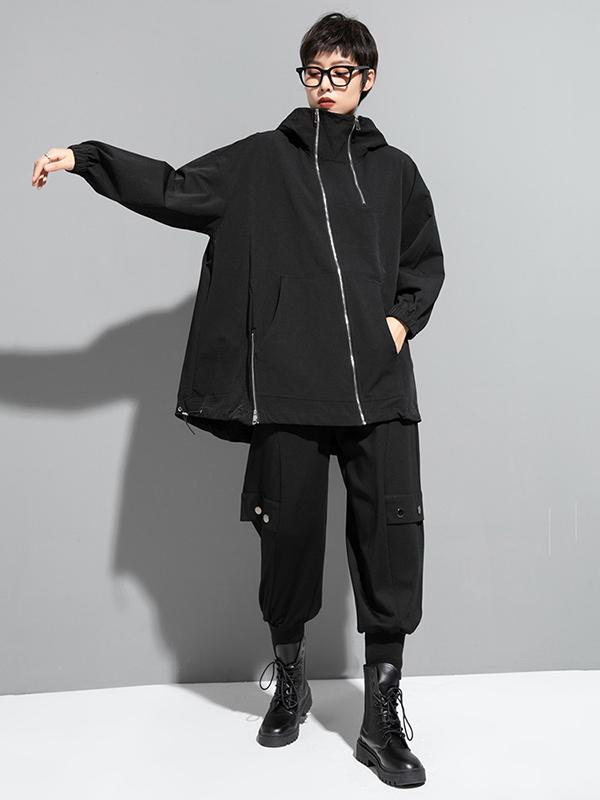 Fashion Irregularity Loose Solid Color Zipper Hooded Outerwear Product Image