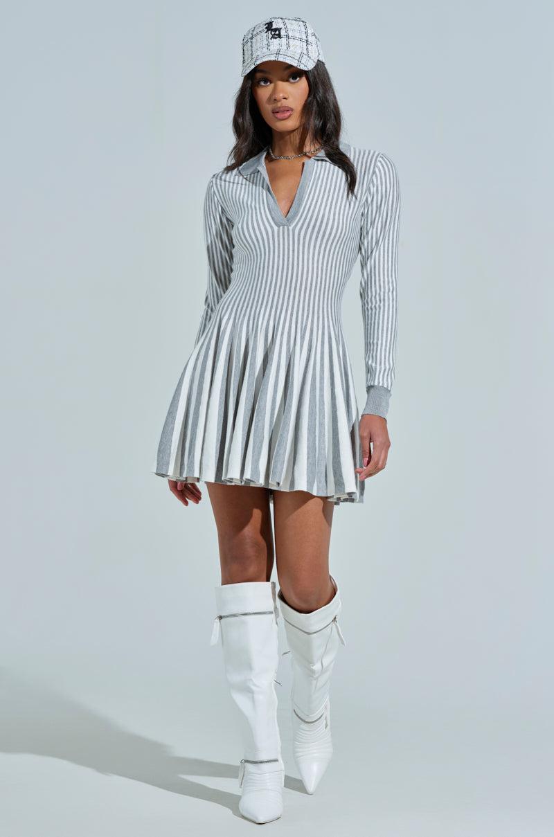 ALINA PLEATED KNIT FIT AND FLARE MINI DRESS WITH LONG SLEEVES IN GREY MULTI Product Image