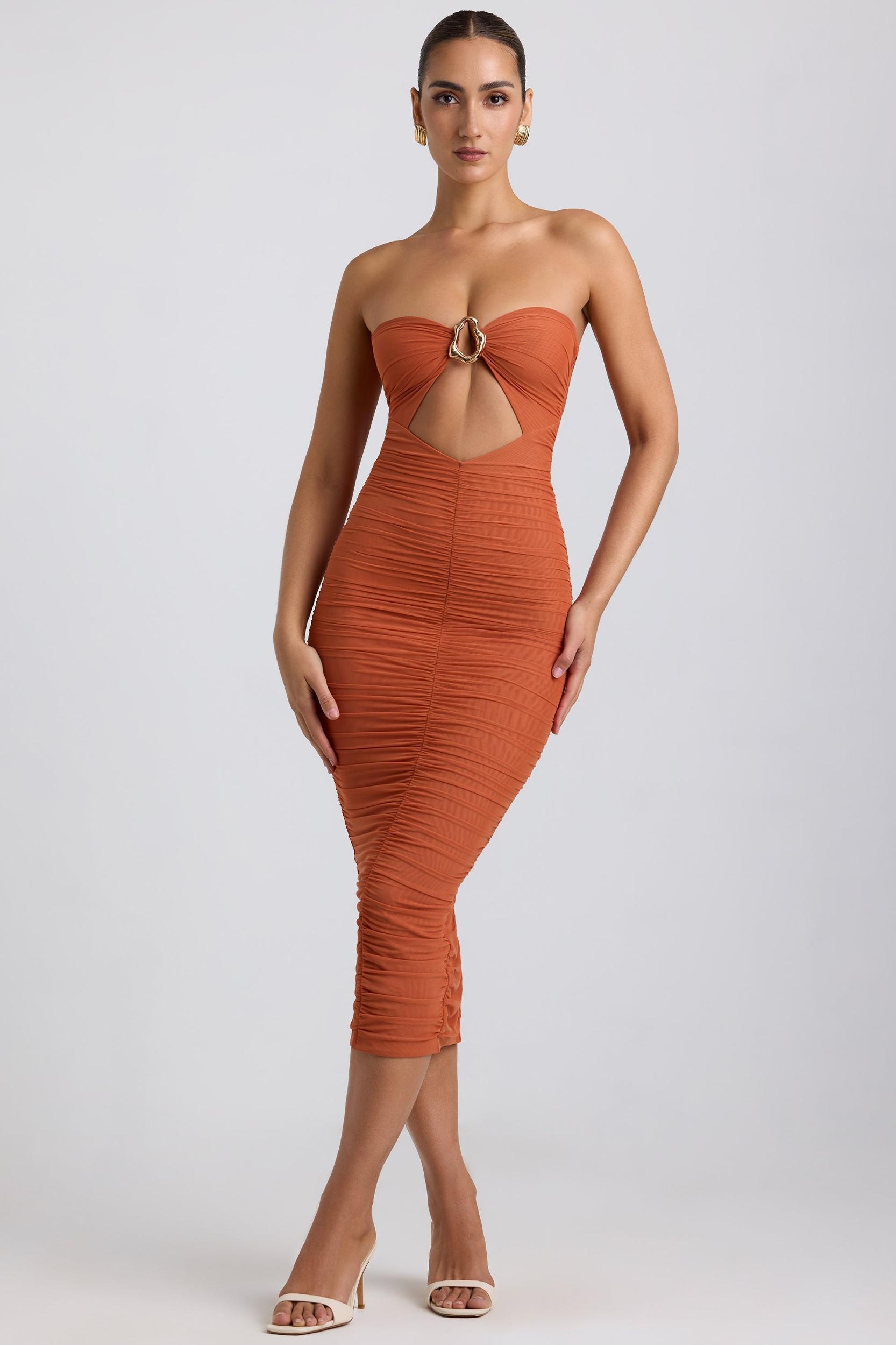 Ruched Hardware Detail Strapless Midaxi Dress in Burnt Orange Product Image