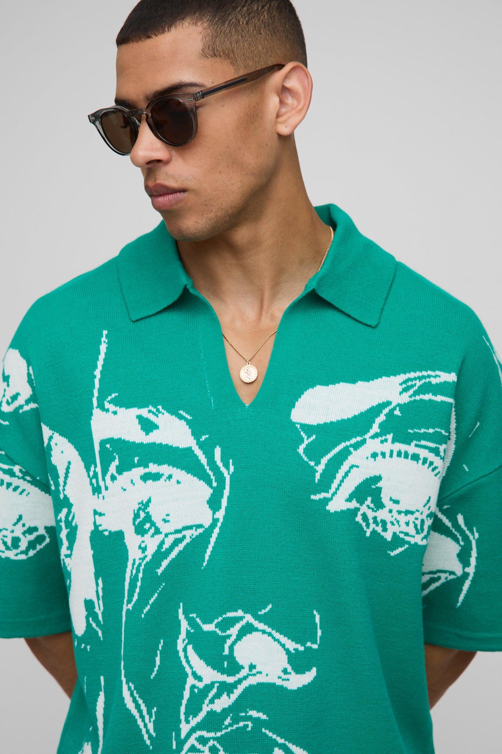 Oversized Boxy Line Drawing Knitted Polo | boohooMAN USA Product Image