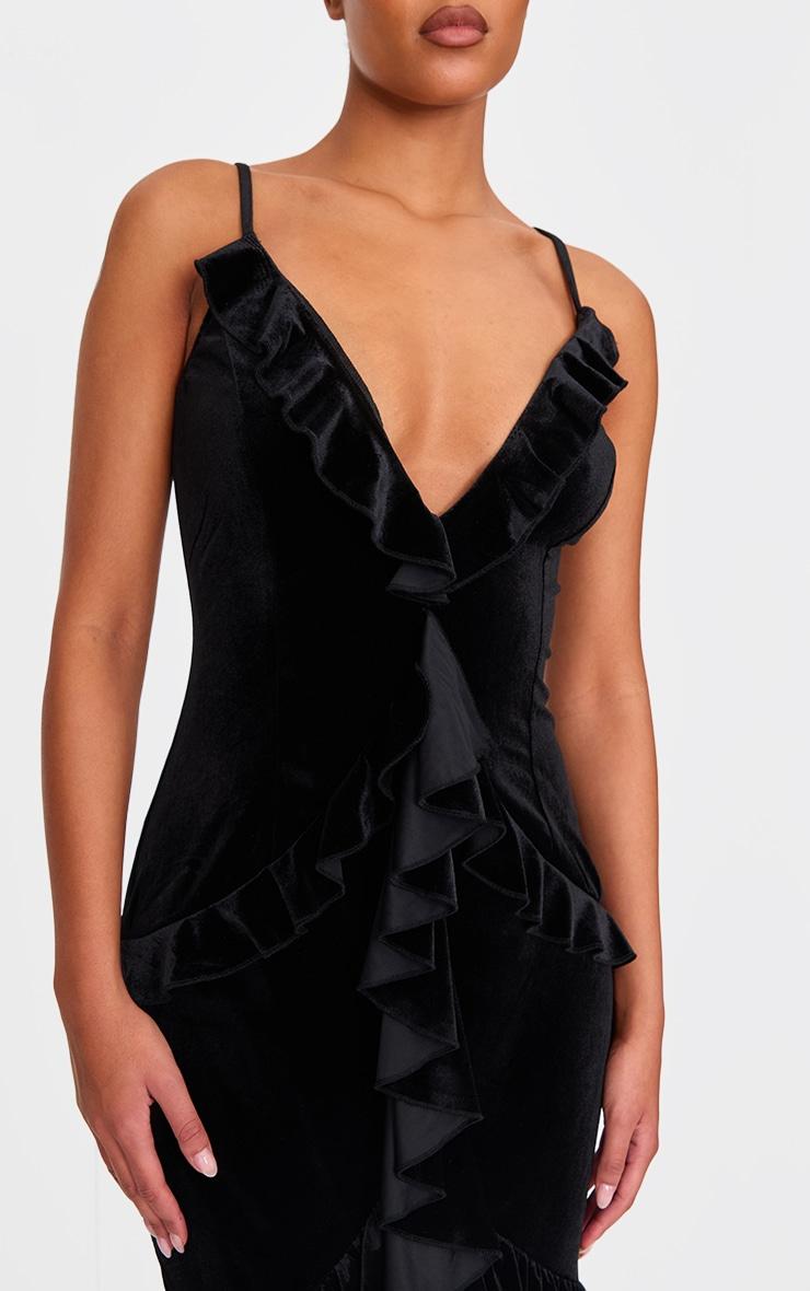 Tall Black Velvet Textured Frill Maxi Dress Product Image